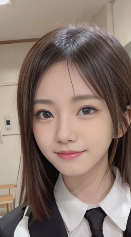 white hair、beautidful eyes、real looking skin、high school guiller suit、small tits、(8K、masterpiece)、(reallistic、フォトreallistic)、top-quality、ighly detailed、The ultra-detailliert、Beautie、cute little、japanes、Idol、A smile、Close-up portrait、Healthy face、Tehepero