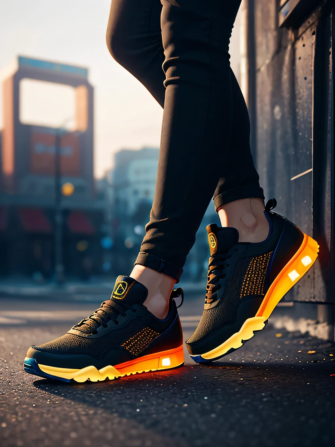 footless, legless, solo, sneaker only, one shoe, close up product photography of a cybepunk sneaker, epic rendering, octane, atmosphere, particles, soft volumetric lightacklit:1.3), (cinematic:1.3), intricate details of neon orange and black gold colors, detail,(side view),center of page