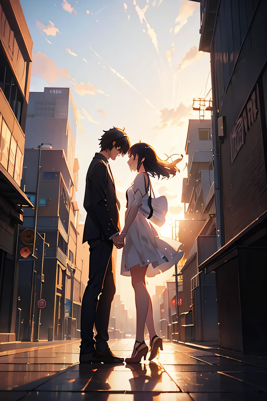 Anime couple walking in a bustling sci-fi city. A girl with waist-length white hair and golden eyes,Holding hands with man with medium hair。. Dragon and phoenix shadows appear behind you. close-up perspective. Makoto Shinkai concept art, pixiv winners, 𝓡𝓸𝓶𝓪𝓷𝓽𝓲𝓬, makoto shinkai cyril rolando, Love concept art, Ross looks dazed. scenery background, Rose Chen (Rose Tran) and makoto shinkai (Makoto Shinkai), ross tran and ilya kuvshinov, loish and ross tran.