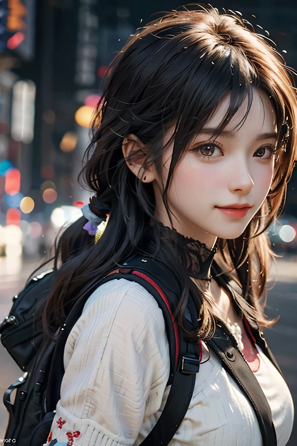 fashion style, masterpiece, best quality, 8k, artstation, sharp focus, (ultrarealistic:1.5), (high details:1.4), raw photo of a young woman, street smiling, backpack, ponytails, faded, complex stuff around, intricate background, soaking wet, (Cinematic:1.4),