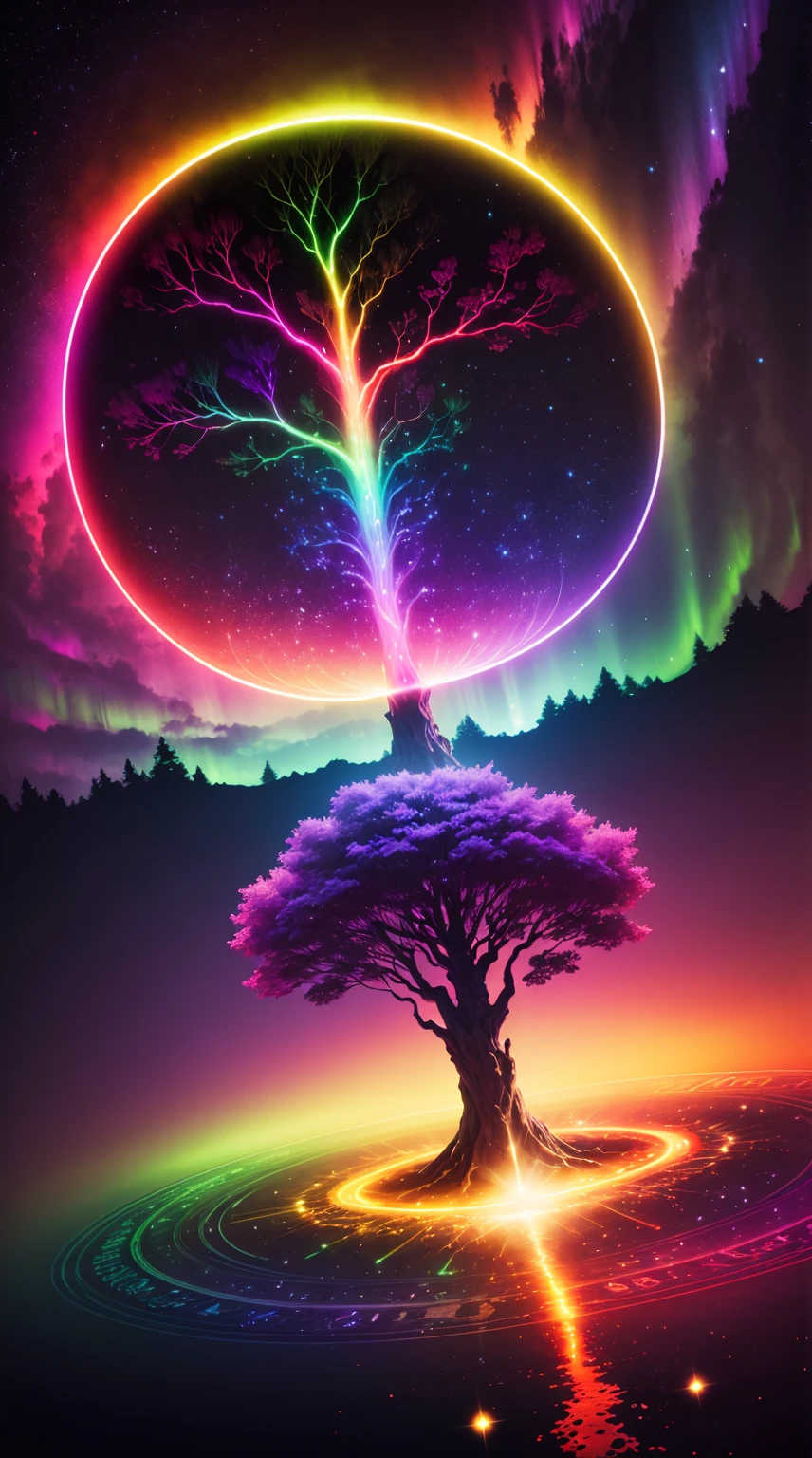 a rainbow colored tree in the middle of a circle with a bright light, colorful aura, cosmic tree of life, cosmic tree, ethereal rainbows, mystical colors, beautiful spectrum of vibrancy, rainbow aurora, magical tree, cosmic and colorful, magical colors and atmosphere, rainbow reflection, magical colours and atmosphere, magic world. colorful, rainbow lighting, colorful picture, colorful glow