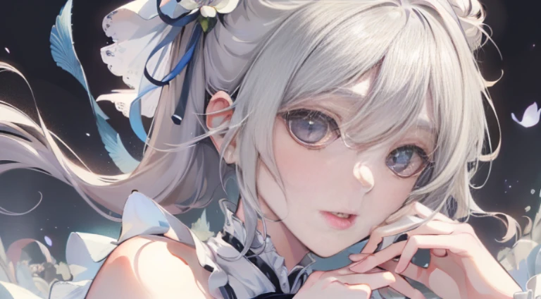 Official art, ヨーロッパのmasterpiece女性,, pale silver hair , azure eyes, (masterpiece、top-quality、hight resolution: 1.4),in 8K, Anime Art Nouveau, highly detailed exquisite fanart, anime fantasy illustration, clean detailed anime art, detailed anime art, sharp focus of a person, Delicate Beautiful Hair and Eyes and Face, realisitic, ultra-detailliert, Flower Garden,((Delicate, delicate and cute hands)),((elegant shiny dress)),((Lots of races)),((lots of ruffles)),((lots of ribbons))