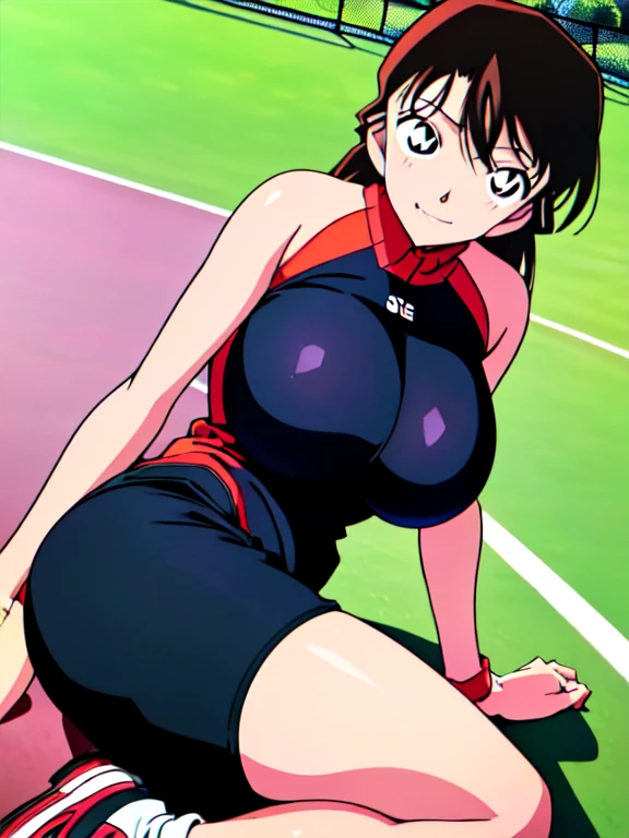 (((Official art,superfine illustration,hight resolution, masutepiece, best qualtiy,Best Quality:1.2))),detaileds,  (one girls),18 years old, A young tennis idol with a super cute face.,Beautuful Women、 Standing, Cool handsome face with smile, , Long legs, thighs thighs thighs thighs, （A dark-haired、Longhaire)、Shiny hair, boy with sharp eyes, (tennis tight shiny training bodysuit), (tight soccer shorts), (Soccer Socks), tussock, Cool pose, (So Huge Breasts、太いthighs thighs thighs thighs,Big buttocks:1.2),(((park tennis field)))、Spread legs,Ultra-fine painting, (Best Quality, 4K, 8K, hight resolution, masutepiece:1.2),