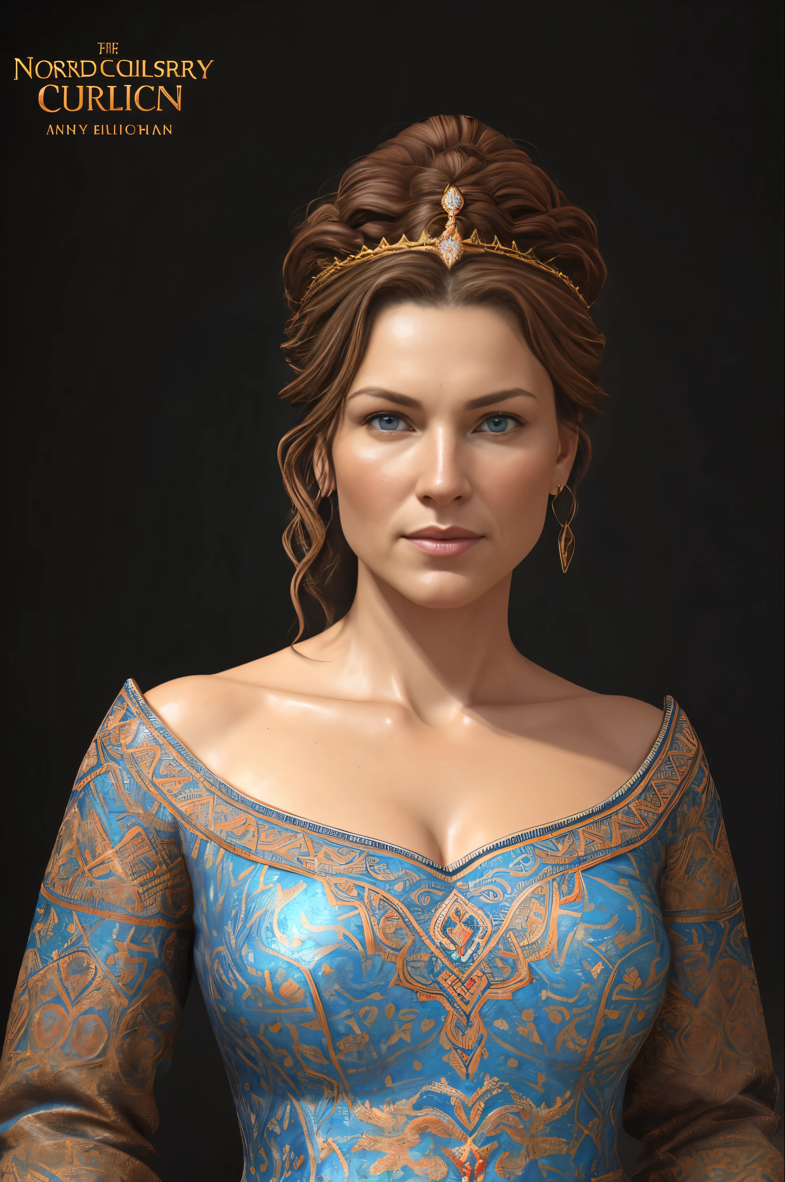 Portrait of the Great Nordic Queen, a very gorgeous woman, 40 years old, dark red curly hair, natural Blue eyes, a nose with a bump, an elongated chin, dressed in ancient national, by Dudchenko,
8k resolution concept art, dynamic lighting hyperdetailed intricately detailed Splash art trending on Artstation triadic colors Unreal Engine 5 volumetric lighting, oil painting, heavy strokes
