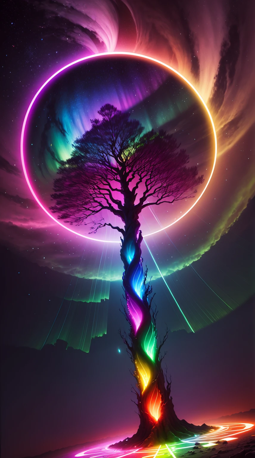 a rainbow colored tree in the middle of a circle with a bright light, colorful aura, cosmic tree of life, cosmic tree, ethereal rainbows, mystical colors, beautiful spectrum of vibrancy, rainbow aurora, magical tree, cosmic and colorful, magical colors and atmosphere, rainbow reflection, magical colours and atmosphere, magic world. colorful, rainbow lighting, colorful picture, colorful glow