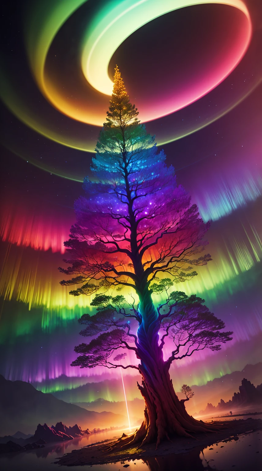 a rainbow colored tree in the middle of a circle with a bright light, colorful aura, cosmic tree of life, cosmic tree, ethereal rainbows, mystical colors, beautiful spectrum of vibrancy, rainbow aurora, magical tree, cosmic and colorful, magical colors and atmosphere, rainbow reflection, magical colours and atmosphere, magic world. colorful, rainbow lighting, colorful picture, colorful glow