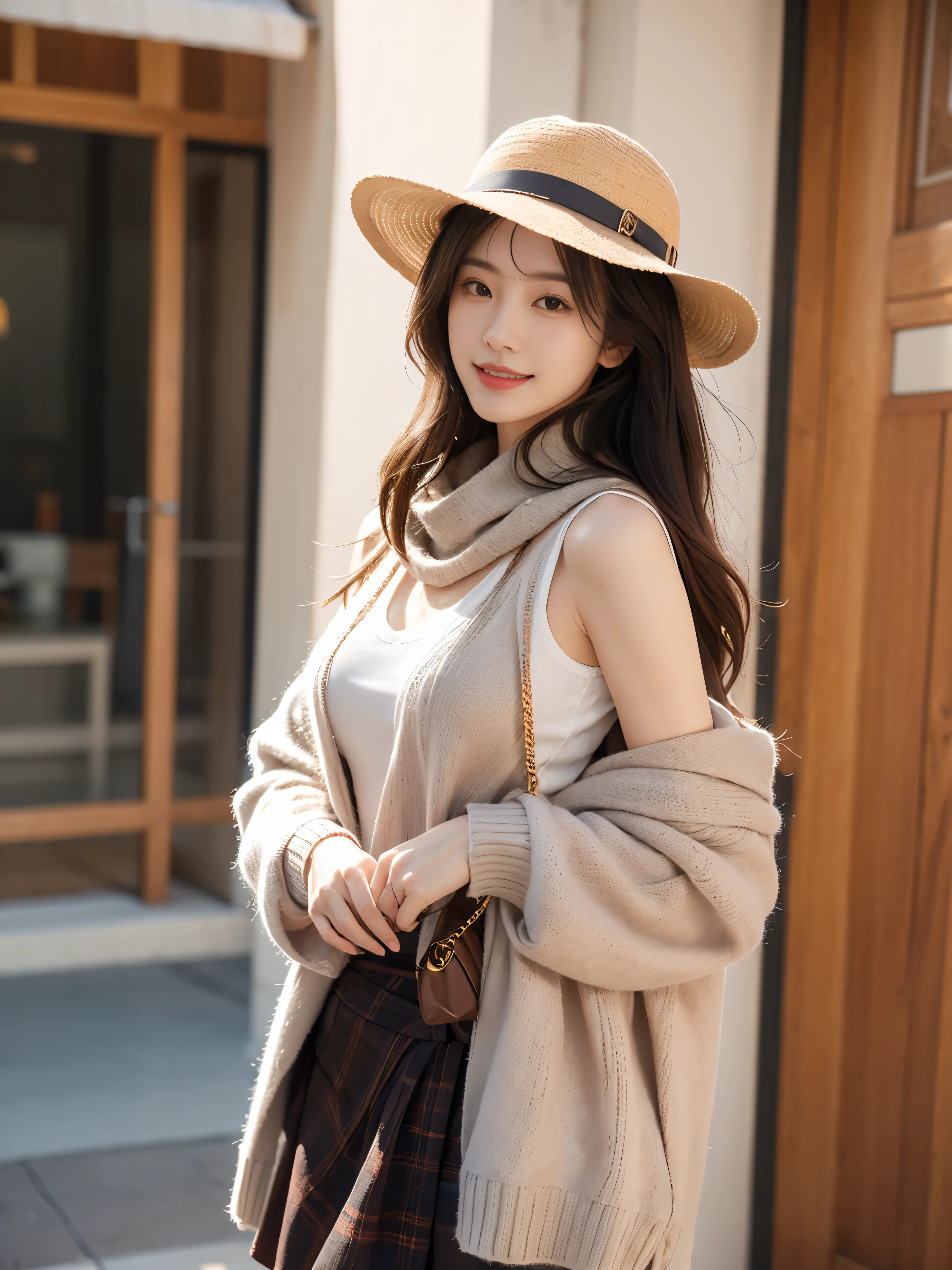 need,Disperse ingredients,Hasselblad photographic tones,Harman Carden,a true,Realisticstyle,cute girls,A noble gesture(ellegance),long black brown hair,The ends of the hair are slightly curled,The height is about 1.65 meters,优美的 posture,trappings:(ellegance,Vuitton mahjong bag,femele's wide-brimmed hat,Exquisite and comfortable femele'shawl,Loose-fitting knit sweater,(Gucci patterned plaid scarf,Fine jewelry)),(Carry the Vuitton Chain Strap Mahjong Bag over your shoulder), posture,ssmile,reserved,having fun,