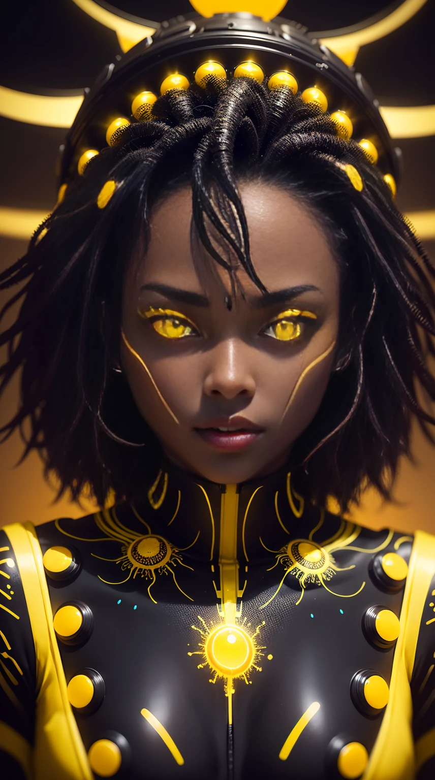 a close up of a person with a black body and yellow and black hair, detailed glowing head, glowing eyes!! intricate, afrofuturist, glowing head, face illuminated, surreal black and yellow, glowing yellow face, afro - futurist style, intricate artwork. neon eyes, neon jellyfish headdress, colorful ferrofluid armor, glowing face, alien flora and fauna