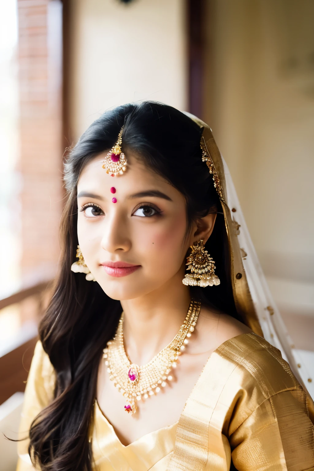 A girl adorned in traditional Indian attire. Indian wedding photoshoot. ((Perfect face)), subject is in middle of the frame