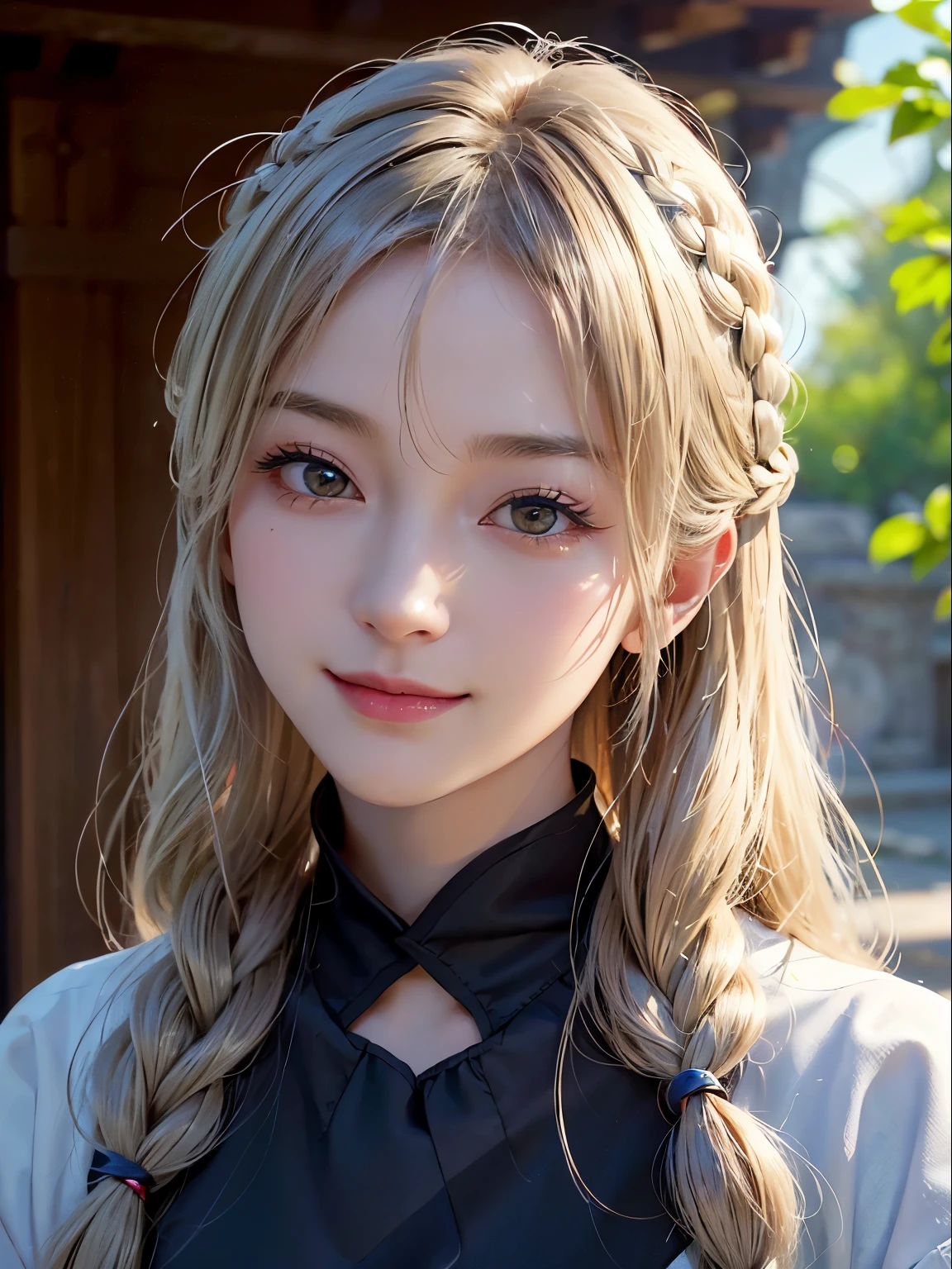 浅笑、natta、Raw photography、(((Portrait of extreme beauty)))、((glistning skin))、女の子1人、11 years old beautiful girl in Prague、platinum blonde hair and black eyes、Missing Eye]、Glossy glossy skin、Black eyes、Silky long straight hair、eye liner、Long bangs、The hair between the eyes is hanging down、((​masterpiece、最hightquality、ultra-detailliert、Film Light、Smiling smile、intricate-detail、hight resolution、8K、ighly detailed))、细致背景、8K UHD、Digital SLR、Soft light、White braid, Hair Ornament、ultra realistic digital painting、very realistic digital art、Photorealistic Digital Painting Photorealistic Beautiful Face、ultrarealistic digital art、hightquality、Film grain、FujifilmXT3 、Shallow depth of field、natural soft light、（No hands）、Kamimei、Sareme、