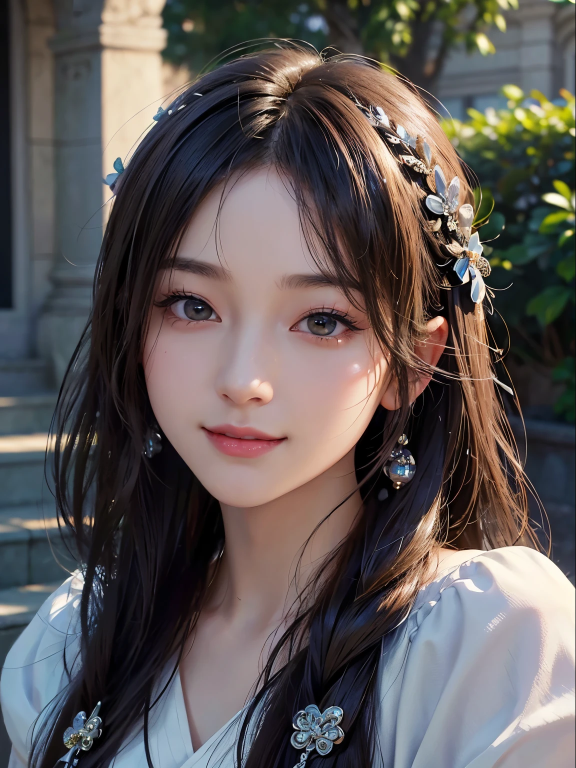 浅笑、natta、Raw photography、(((Portrait of extreme beauty)))、((glistning skin))、女の子1人、 beautiful girl in Prague、platinum blonde hair and black eyes、Missing Eye]、Glossy glossy skin、Black eyes、Silky long straight hair、eye liner、Long bangs、The hair between the eyes is hanging down、((​masterpiece、最hightquality、ultra-detailliert、Film Light、Smiling smile、intricate-detail、hight resolution、8K、ighly detailed))、细致背景、8K UHD、Digital SLR、Soft light、White braid, Hair Ornament、ultra realistic digital painting、very realistic digital art、Photorealistic Digital Painting Photorealistic Beautiful Face、ultrarealistic digital art、hightquality、Film grain、FujifilmXT3 、Shallow depth of field、natural soft light、（No hands）、Kamimei、Sareme、