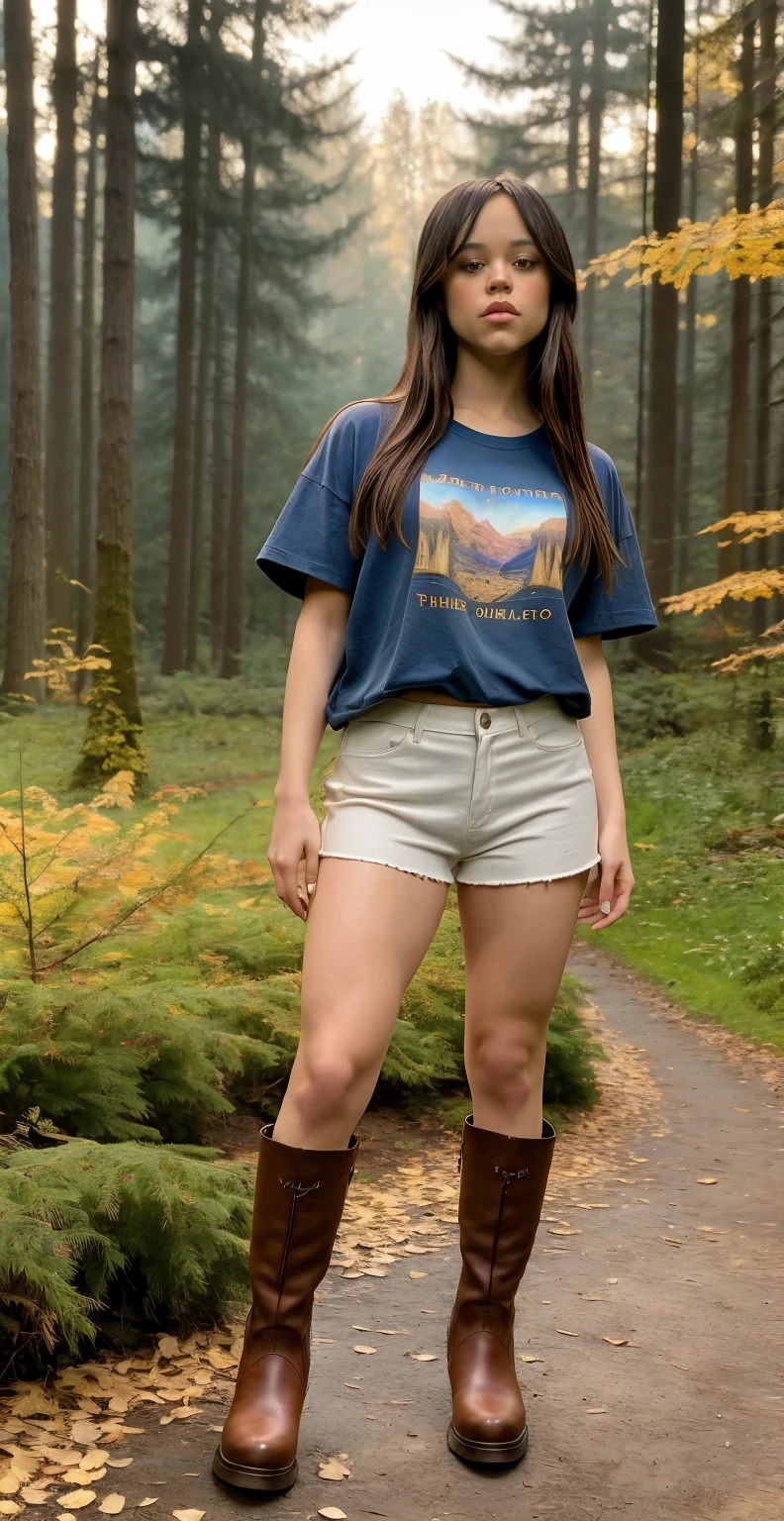 Masterpiece, stunning realistic, photorealistic, best quality, 16k,jenna ortega,sexy body,stehend in einem wald im herbst,oversized T-shirt,slip,boots,straight hair,full body,