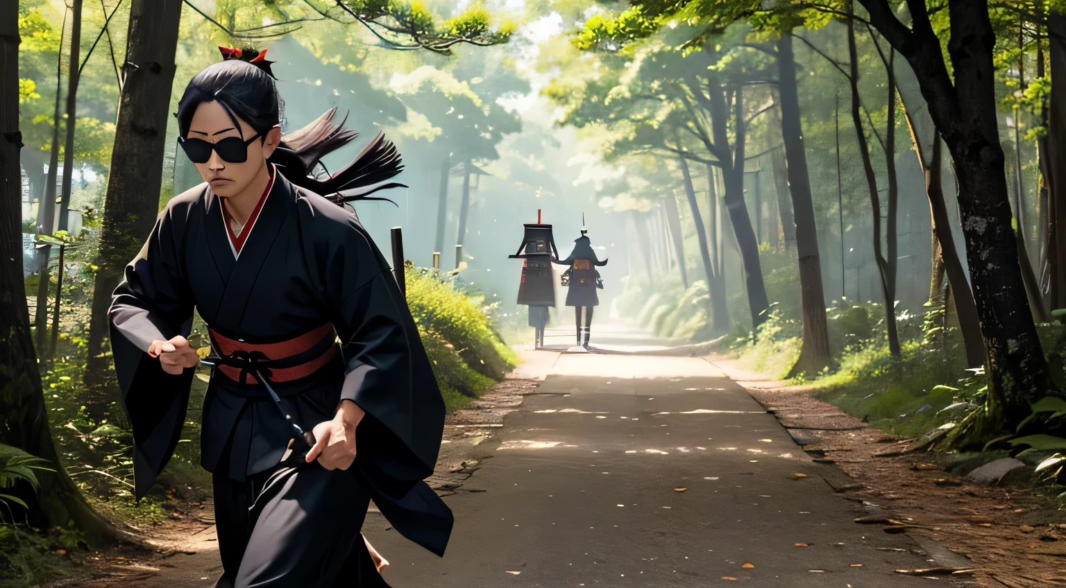 Samurai, Sunglasses, Wearing a black kimono, Carry your luggage, running towards me, Forest Behind, looking at me