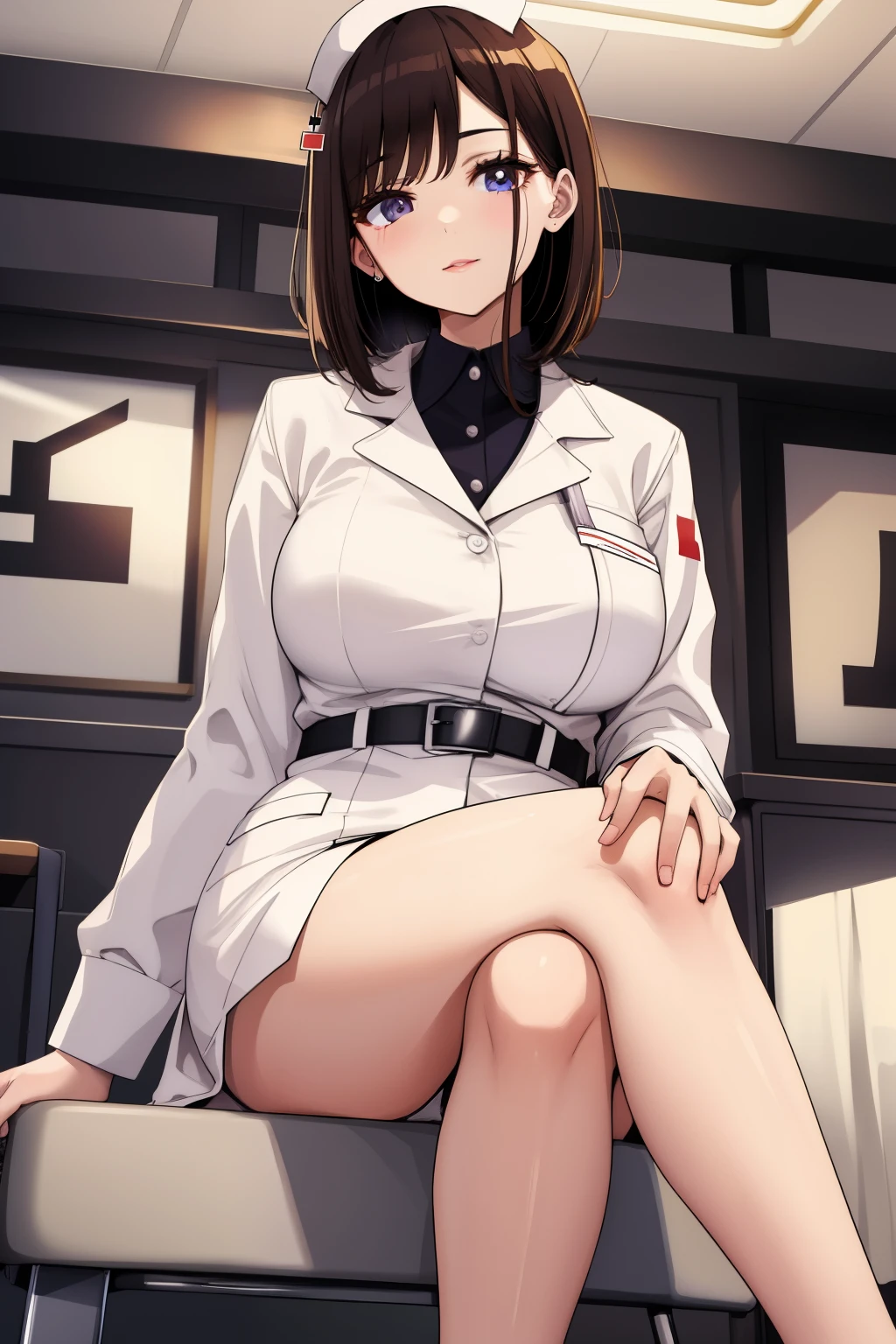 nurse、nurse、Sitting on a chair with legs crossed、Neat face