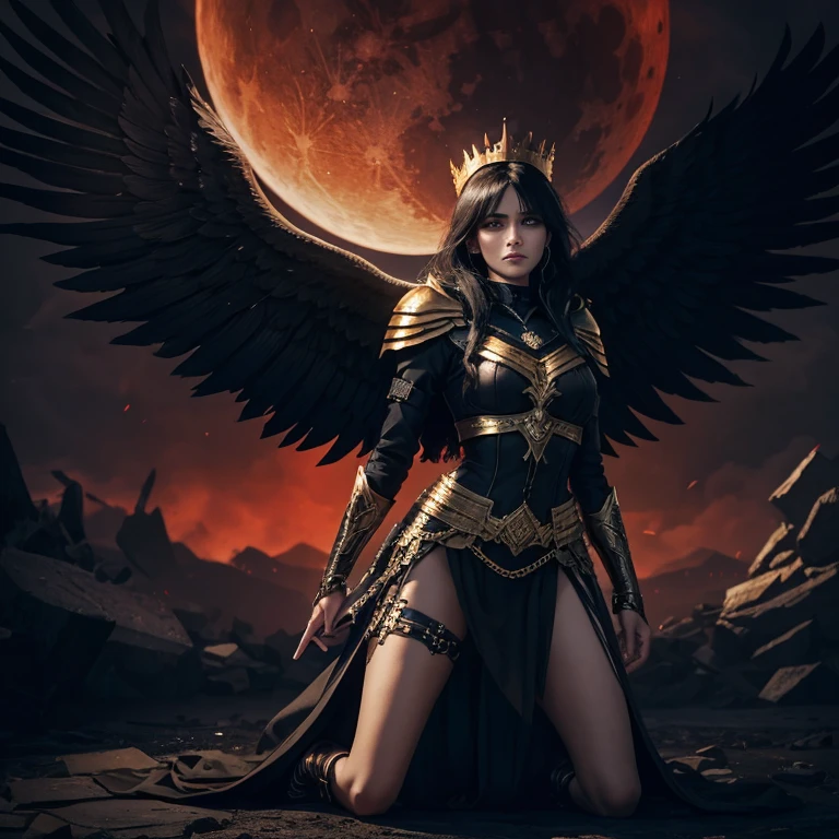 Epic Valkyrie, raven wings, oversized gold crown, black hair, sexy, dangerous, red moon in background, kneeling submissive, dark background, Caucasian, battle skirt