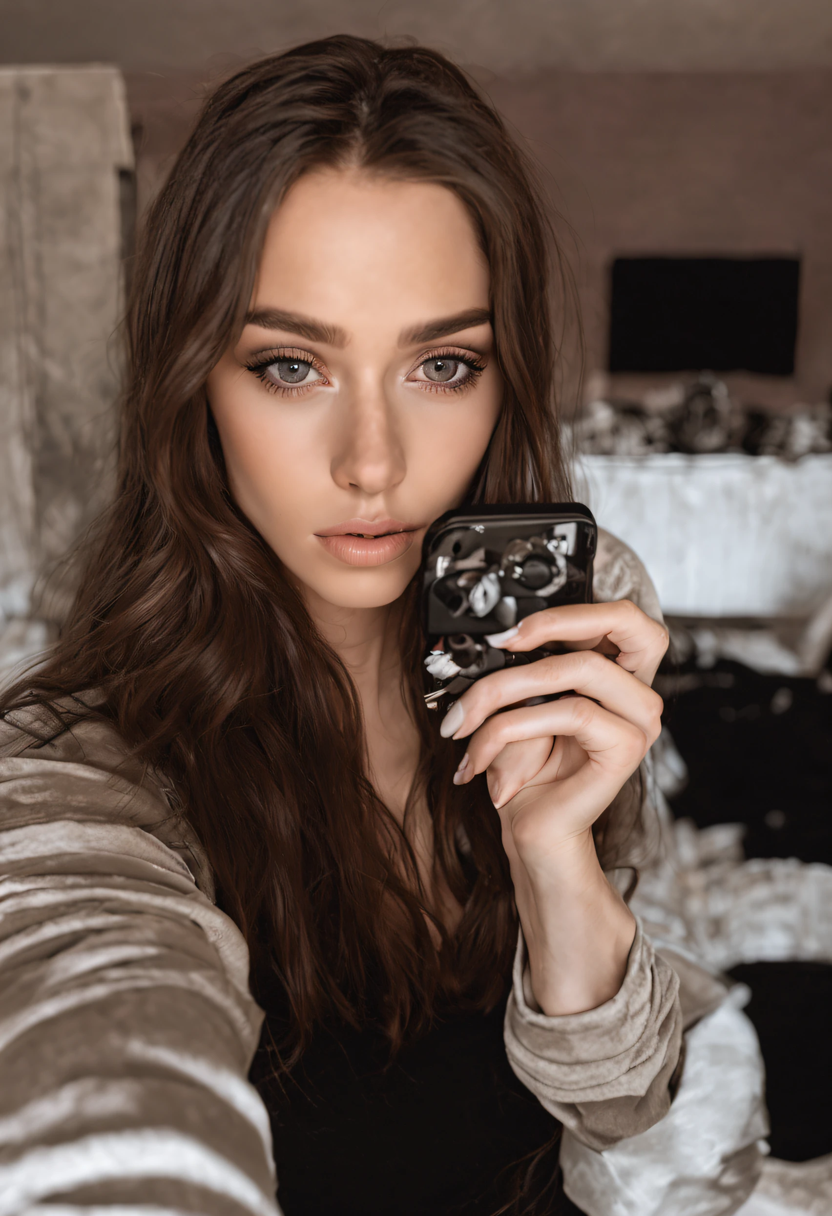 arafed woman with black clothes,  with brown eyes, portrait sophie mudd, brown hair and large eyes, selfie of a young woman, bedroom eyes, violet myers, without makeup, natural makeup, looking directly at the camera, face with artgram, subtle makeup, stunning full body shot, in bedroom