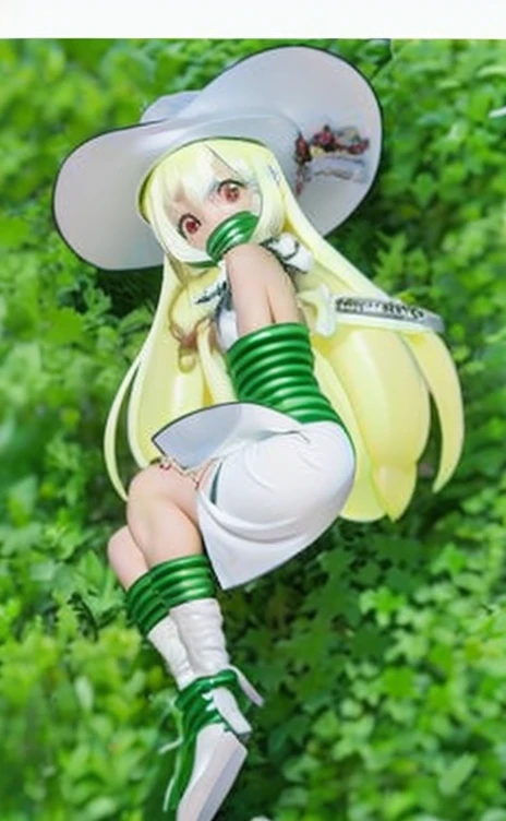 White cap、White sleeveless、White mini skirt、white boots、body and legs bound by tentacles、
