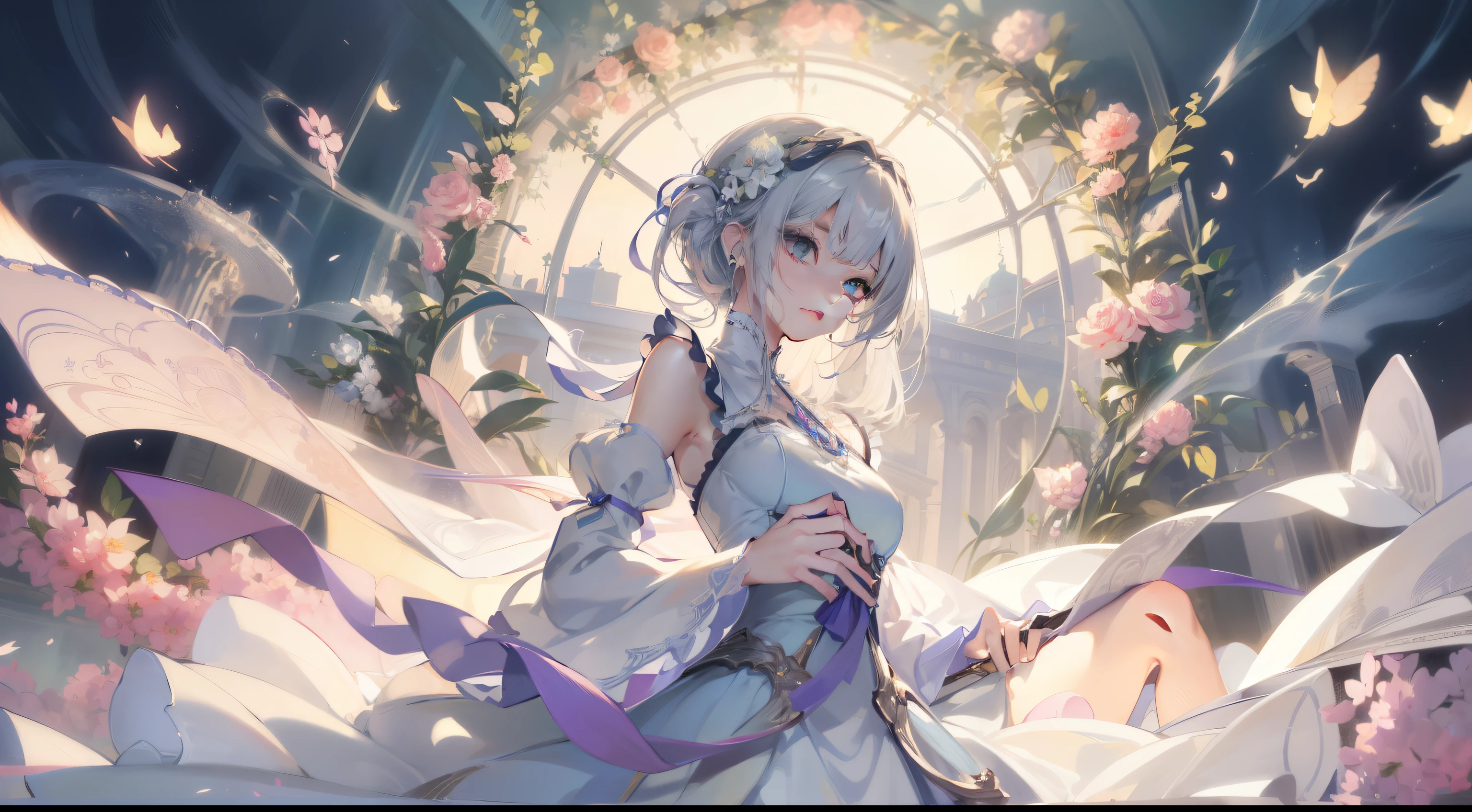 Official art, ヨーロッパのmasterpiece女性,, pale silver hair , azure eyes, (masterpiece、top-quality、hight resolution: 1.4),in 8K, Anime Art Nouveau, highly detailed exquisite fanart, anime fantasy illustration, clean detailed anime art, detailed anime art, sharp focus of a person, Delicate Beautiful Hair and Eyes and Face, realisitic, ultra-detailliert, Flower Garden,((Delicate, delicate and cute hands)),((elegant shiny dress)),((Lots of races)),((lots of ruffles)),((lots of ribbons))