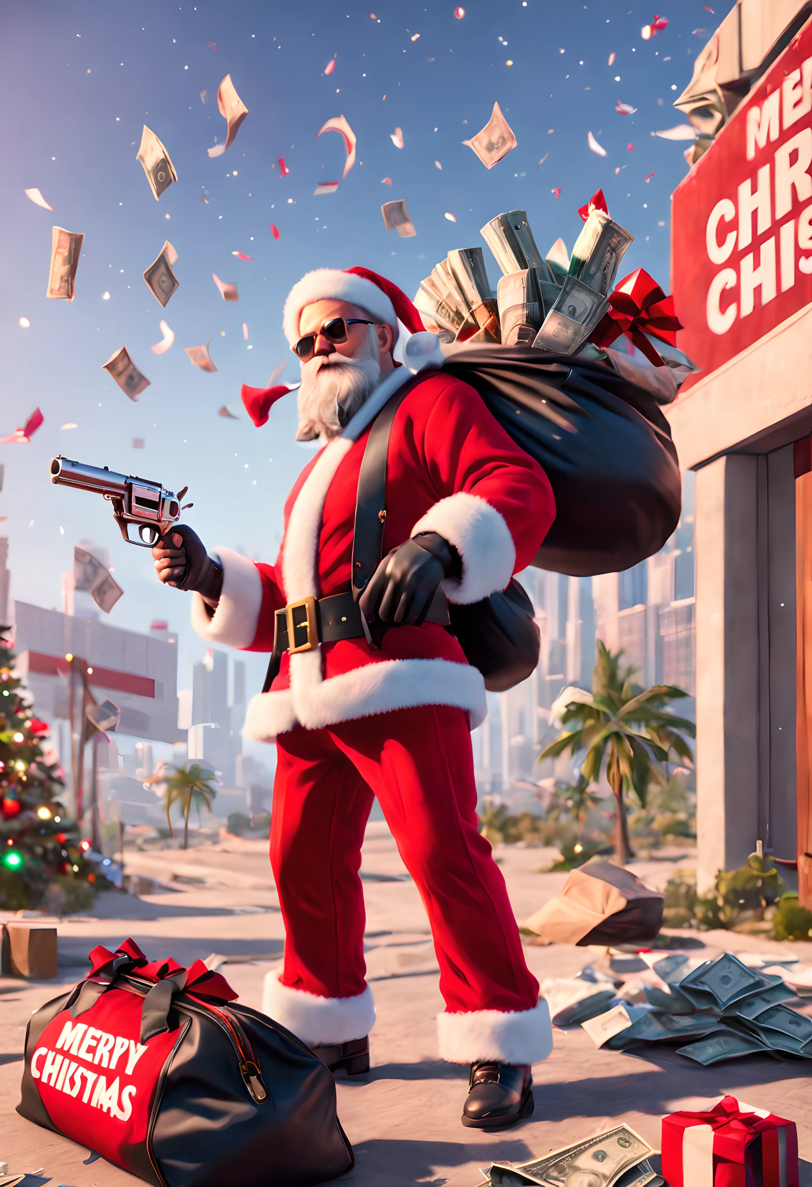 Santa Claus holding silver revolver，Money falls from the sky，banknotes, ((Dollar)), GTA style text"Merry Christmas",Grand Theft Auto screenshots,Unreal Engine5,Miami《GTA》nipple play, Black gym bag decorated with red bow，地上装满了banknotes,lar santa