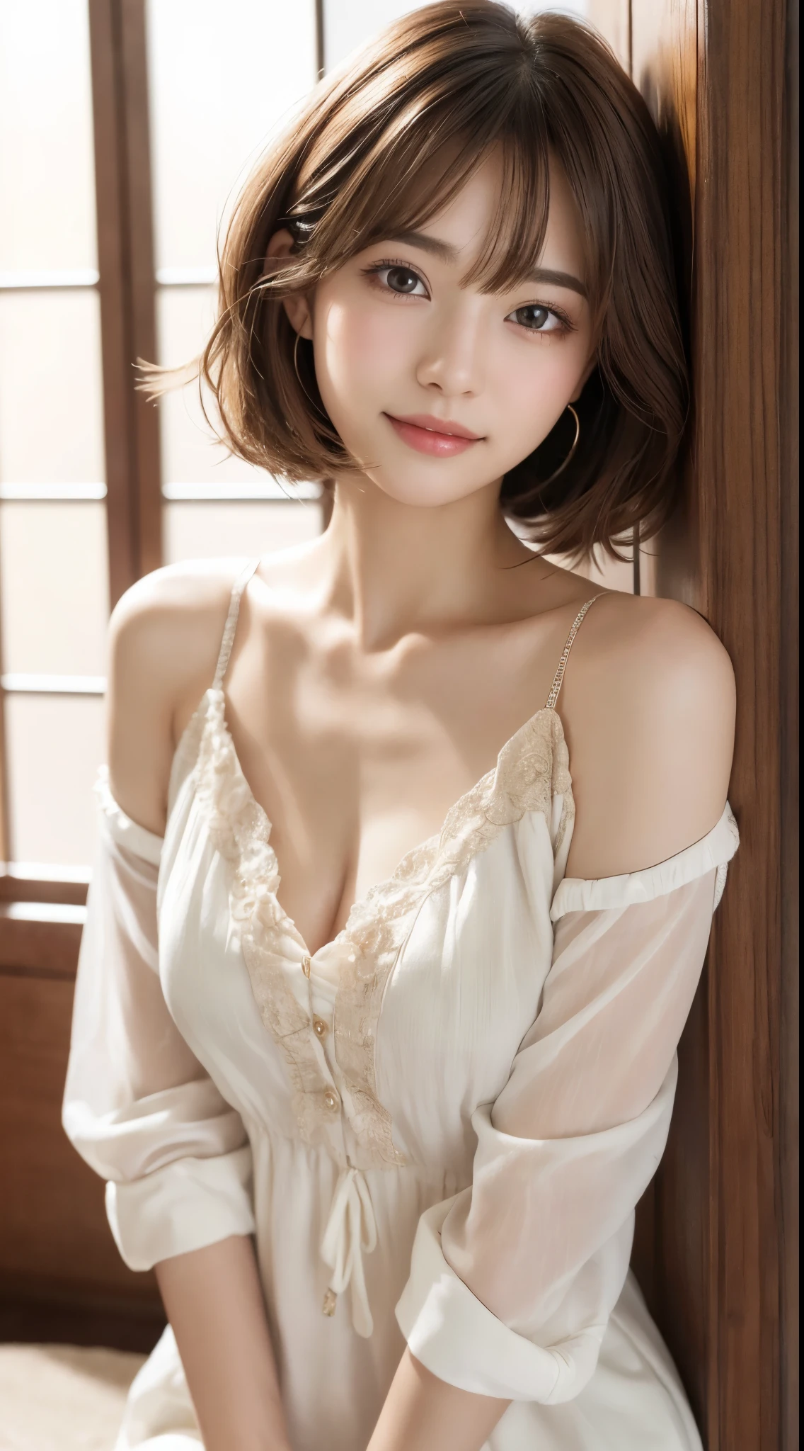 ⦅Brown hair、short wavy hair、With bangs⦆⦅Selfie 1.6⦆⦅smile1.6⦆(masutepiece:1.3), High resolution, ultra-detailliert, the Extremely Detailed CG Unity 8K Wallpapers, Realistic, Photorealsitic, Raw photo, beautifull detailed face, pale skin, Realistic glitter skin, Detailed Cloth Texture, detailed hair texture, Beautiful face, acurate, Anatomically correct, Highly detailed facial and skin texture, Natural neck length, (Fair skin:1.2), 独奏、、Japan Female,18 years old、A detailed eye,Harajuku、Cute realistic photos,Looking at the camera、middlebreasts、White collared shirt、a miniskirt、In the apartment