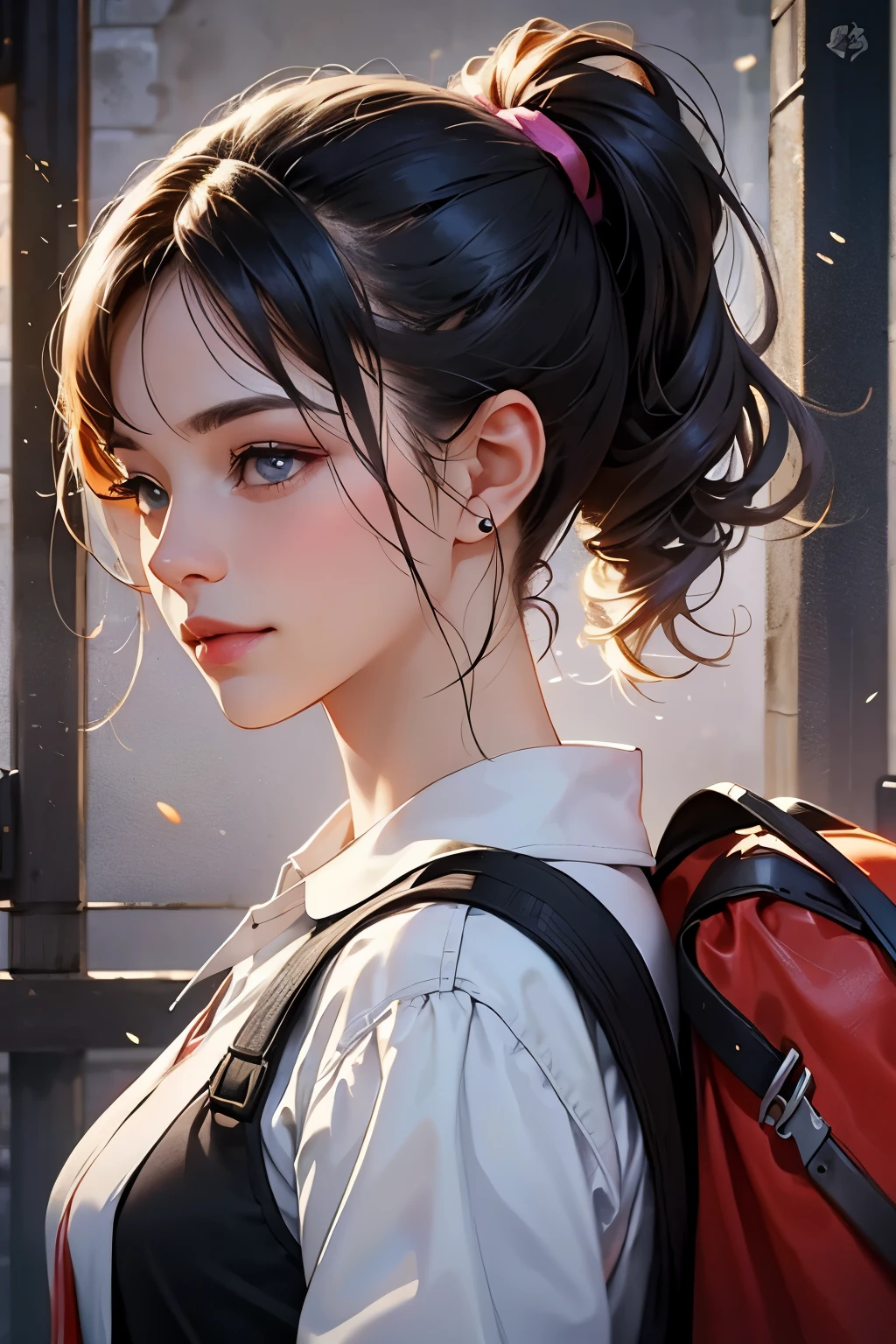 fashion style, masterpiece, best quality, 8k, artstation, sharp focus, (ultrarealistic:1.5), (high details:1.4), raw photo of a young woman, street smiling, backpack, ponytails, faded, complex stuff around, intricate background, soaking wet, (Cinematic:1.4),