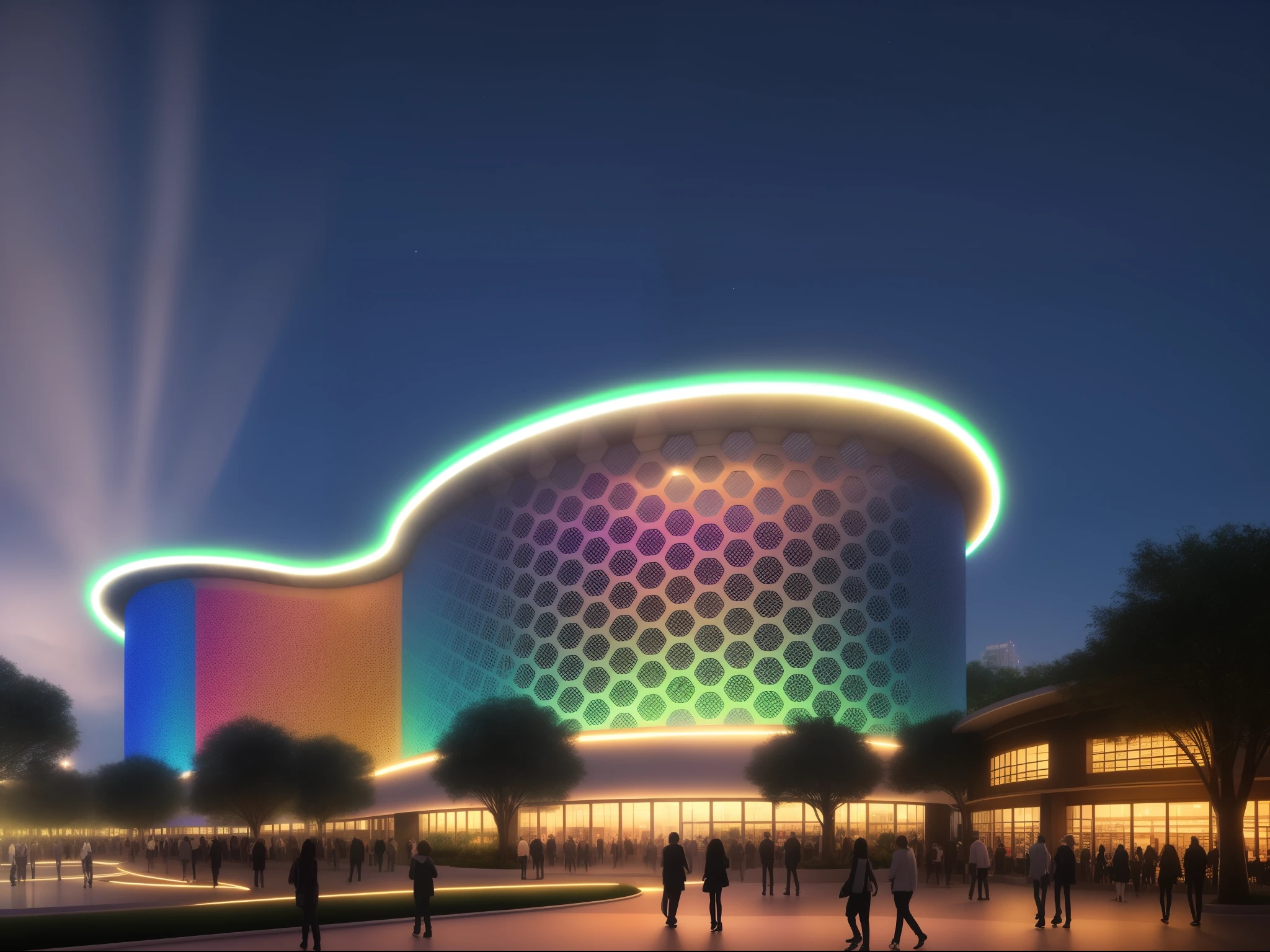 At night, the building is illuminated with colorful lights
