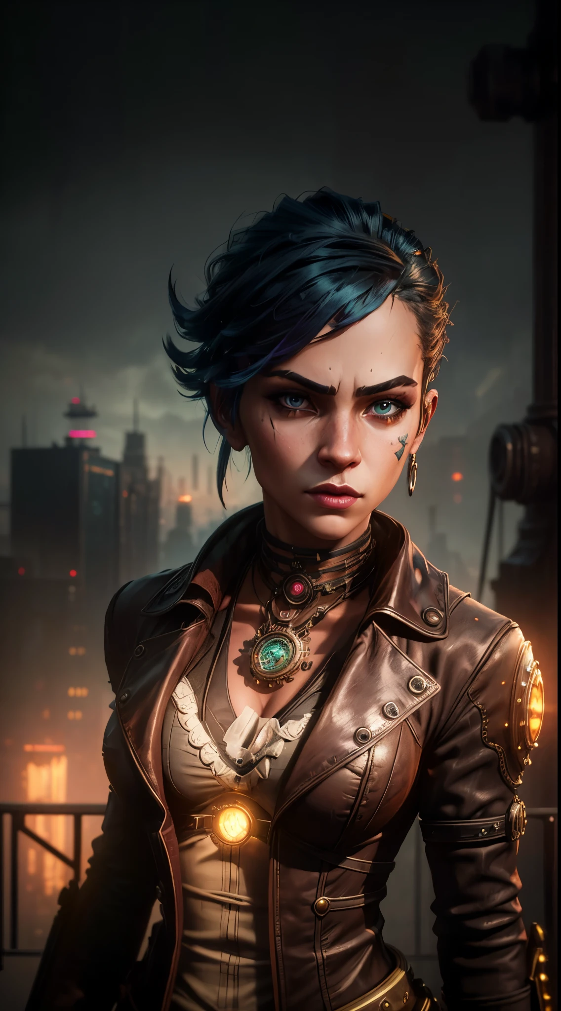 (detailed,cyberpunk:1.2,detailed,steampunk:1.1),4k,highres,ultra-detailed,realistic,portrait,sharp focus,professional,cyberpunk girl,steampunk girl,cyberpunk girl with steampunk elements,unique facial features,distinctive cyberpunk and steampunk outfits,vibrant colors,neon lights,mixed futuristic and antique aesthetics,mechanical accessories,modern technology integrated with Victorian-era fashion,intricate tattoos,high-tech goggles and wristbands,fire and smoke effects,urban dystopian background,gritty atmosphere,haunting eyes,alternative reality,cosmic digital effects,technological advancements,retro-futuristic cityscape,intricate metalwork,mechanical prosthetics,mysterious ambiance,creative fusion of cyberpunk and steampunk genres.
