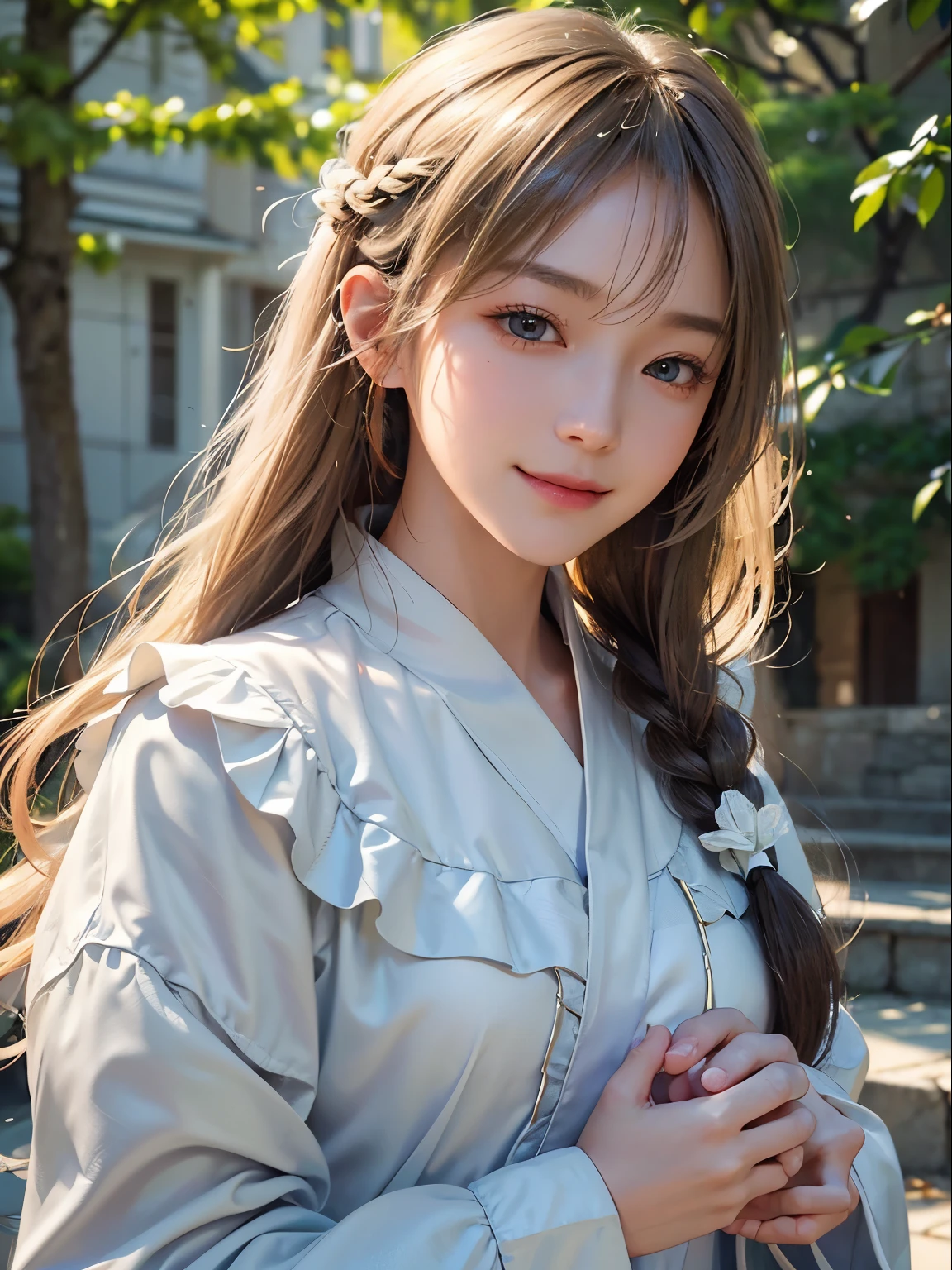 浅笑、natta、Raw photography、(((Portrait of extreme beauty)))、((glistning skin))、女の子1人、 beautiful girl in Prague、platinum blonde hair and black eyes、Missing Eye]、Glossy glossy skin、Black eyes、Silky long straight hair、eye liner、Long bangs、The hair between the eyes is hanging down、((​masterpiece、最hightquality、ultra-detailliert、Film Light、Smiling smile、intricate-detail、hight resolution、8K、ighly detailed))、细致背景、8K UHD、Digital SLR、Soft light、White braid, Hair Ornament、ultra realistic digital painting、very realistic digital art、Photorealistic Digital Painting Photorealistic Beautiful Face、ultrarealistic digital art、hightquality、Film grain、FujifilmXT3 、Shallow depth of field、natural soft light、（No hands）、Kamimei、Sareme、Change poses randomly