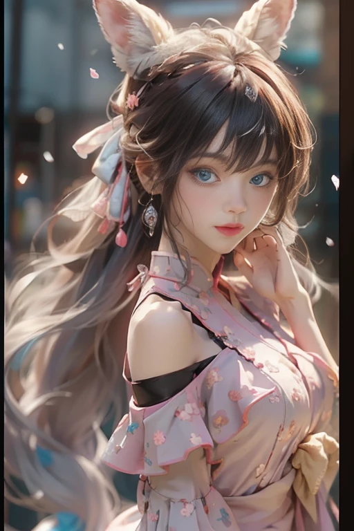 ((best qualtiy)), ((tmasterpiece)), (detail:1.4), Beautiful cyberpunk female images,hdr(HighDynamicRange),Ray traching,NVIDIA RTX,Hyper-Resolution,illusory 5,sub surface scattering,PBR textures,post-proces,Anisotropy Filtering,depth of fields,maximum definition and sharpness,Many-Layer Textures,Albedo e mapas Speculares,Surface coloring,Mitsu-Accurate simulation of material interactions,perfectly proportioned,rendering by octane,Two-colored light,largeaperture,Low ISO,White balance,Rule three points、8K raw data、Beautiful bright blue pupils,off-the-shoulder clothes,Fine pupils,Delicate face and eyes,long eyelasher,Blushlush,Delicate and fluffy hair,pink lip,Pure,Cute face,Sweet girl,Artistic sense,Casual wear,Advancedsense,butterflys,Cherry blossom petal,Beautiful hair accessories,Long hair and waist,Hair fluttering in the wind,Snow-white fox ears,curlies,Snow-white fluffy tail,Positive light,The light from the back window is backlighted