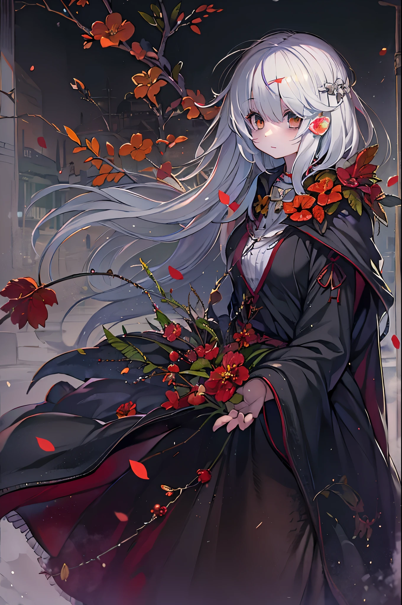 1girl in,Solo,1girl in,Solo,((Beautiful detailed eyes)), (Detailed light),depth of fields,(White hair),Silver eyes,Hair over one eye,(Red flower ), Hair Flower,Long hair,Black cloak,Wet,deadpan,Looking back,Night,starfall,Sateen,Fog,Red flowers falling,sketch,Upper body,intense shadow,