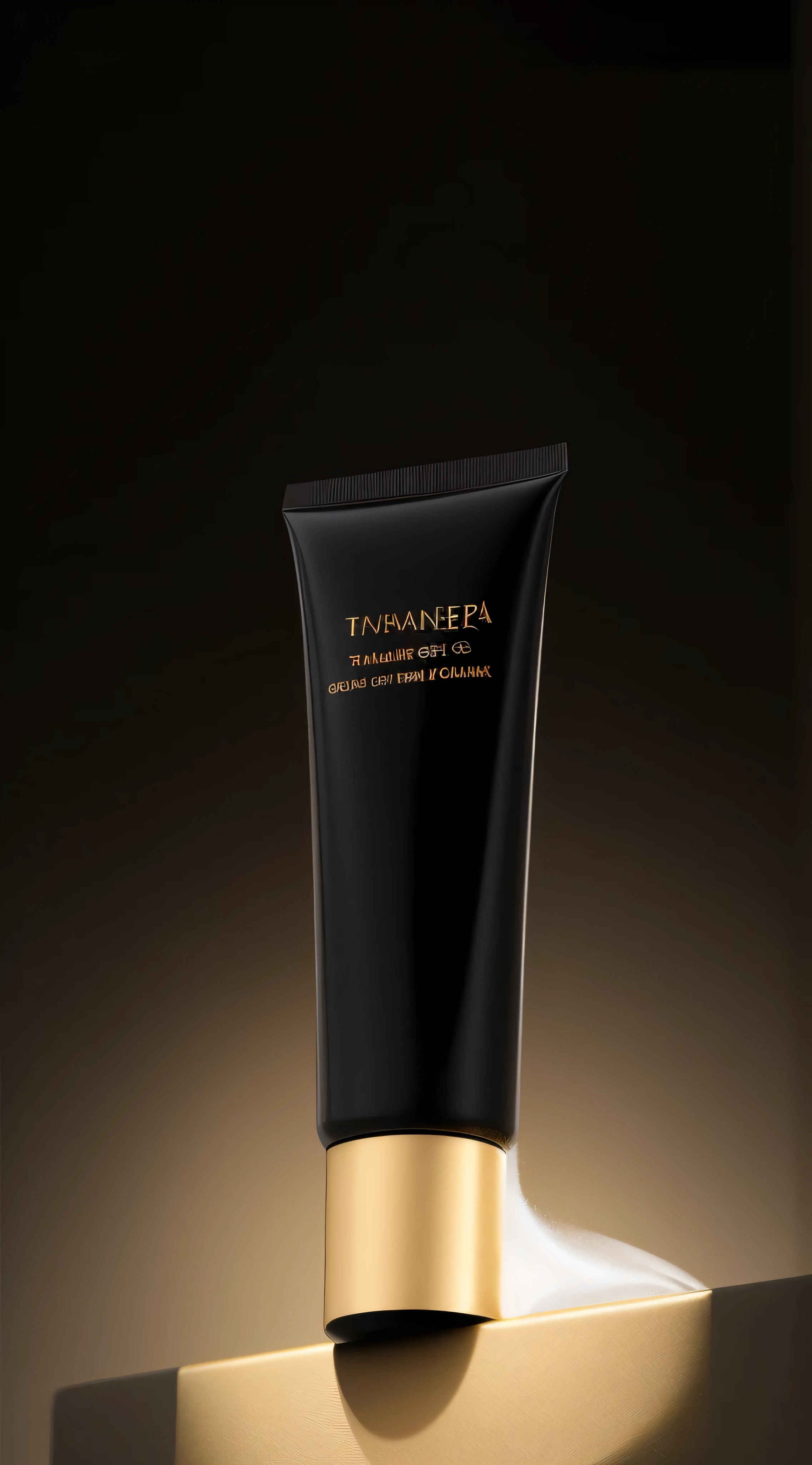 Close-up of a tube of black and gold cream on the table, high quality topical render, everlasting, author：Yao Tingmei, Official Product Pictures, smooth clean texture, professional product shot, product photograph, textured base ; product photographs, dramatic product shot, Thomas Hafner, V tuber, highly detailed product photograph, inspired author：Yao Tingmei
