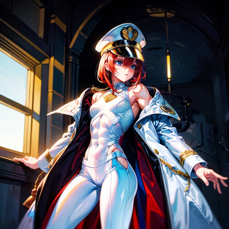 （（（​masterpiece）））、（（（top-quality）））、（（highly detailed unity 8ｋwall-paper））（Illustration of one woman）、30-years old、（Viceroy）、（（Red-haired shorthair））、（Thin hair hanging down both sides of the face）、Blue eyes、（（Tall））、（（Muscle Woman、stocky build、muscular legs、broad shoulders、solid chest））、（（Military uniforms））、（（Military Cap））、（（Military coat））、（white  clothes）、（White pants）、（White cap）、trench coat、（（Inside the spaceship））