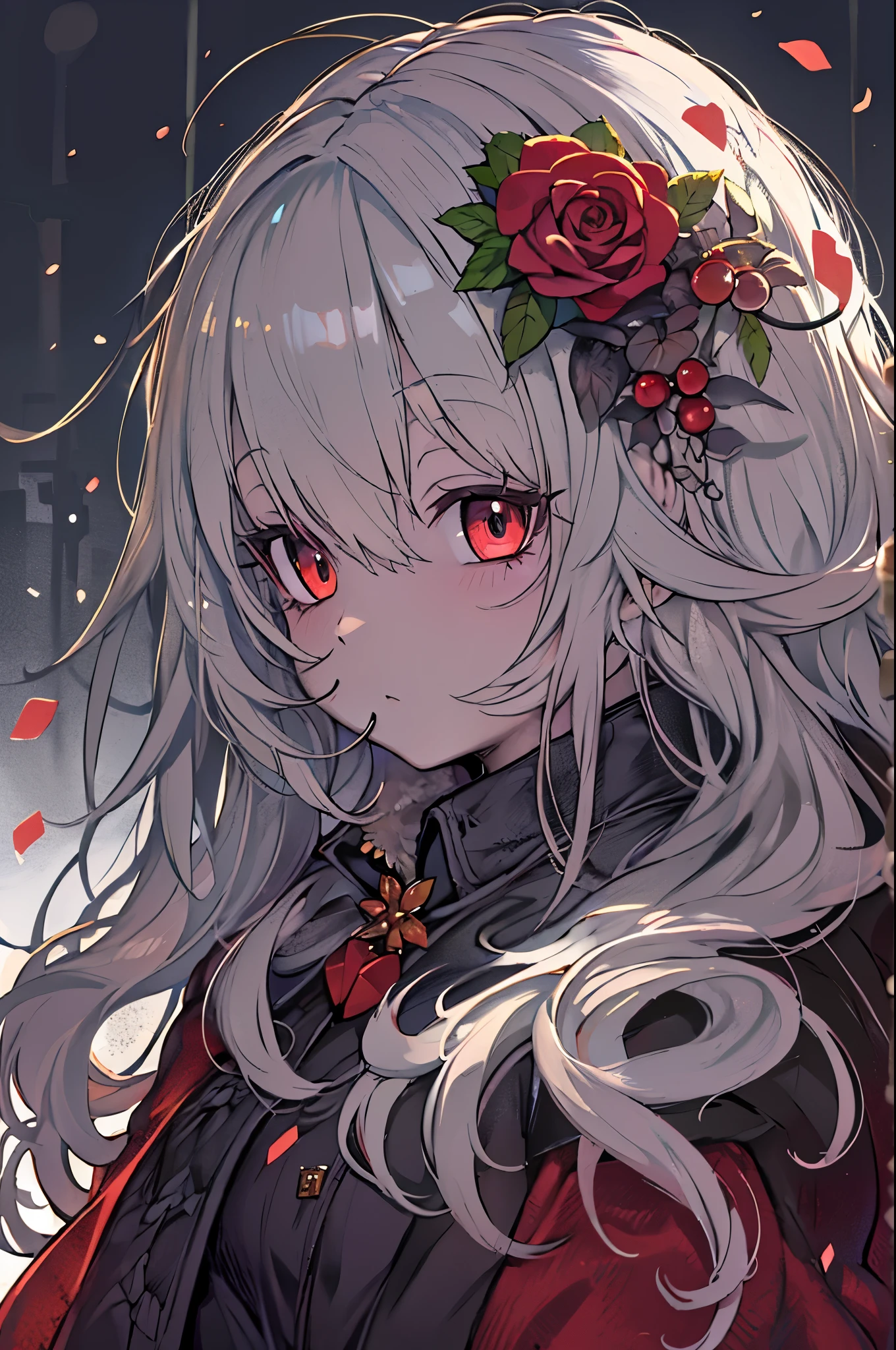 1girl in,Solo,1girl in,Solo,((Beautiful detailed eyes)), (Detailed light),depth of fields,(White hair),Silver eyes,Hair over one eye,(Red flower ), Hair Flower,Long hair,Black cloak,Wet,deadpan,Looking back,Night,starfall,Sateen,Fog,Red flowers falling,sketch,Upper body,intense shadow,