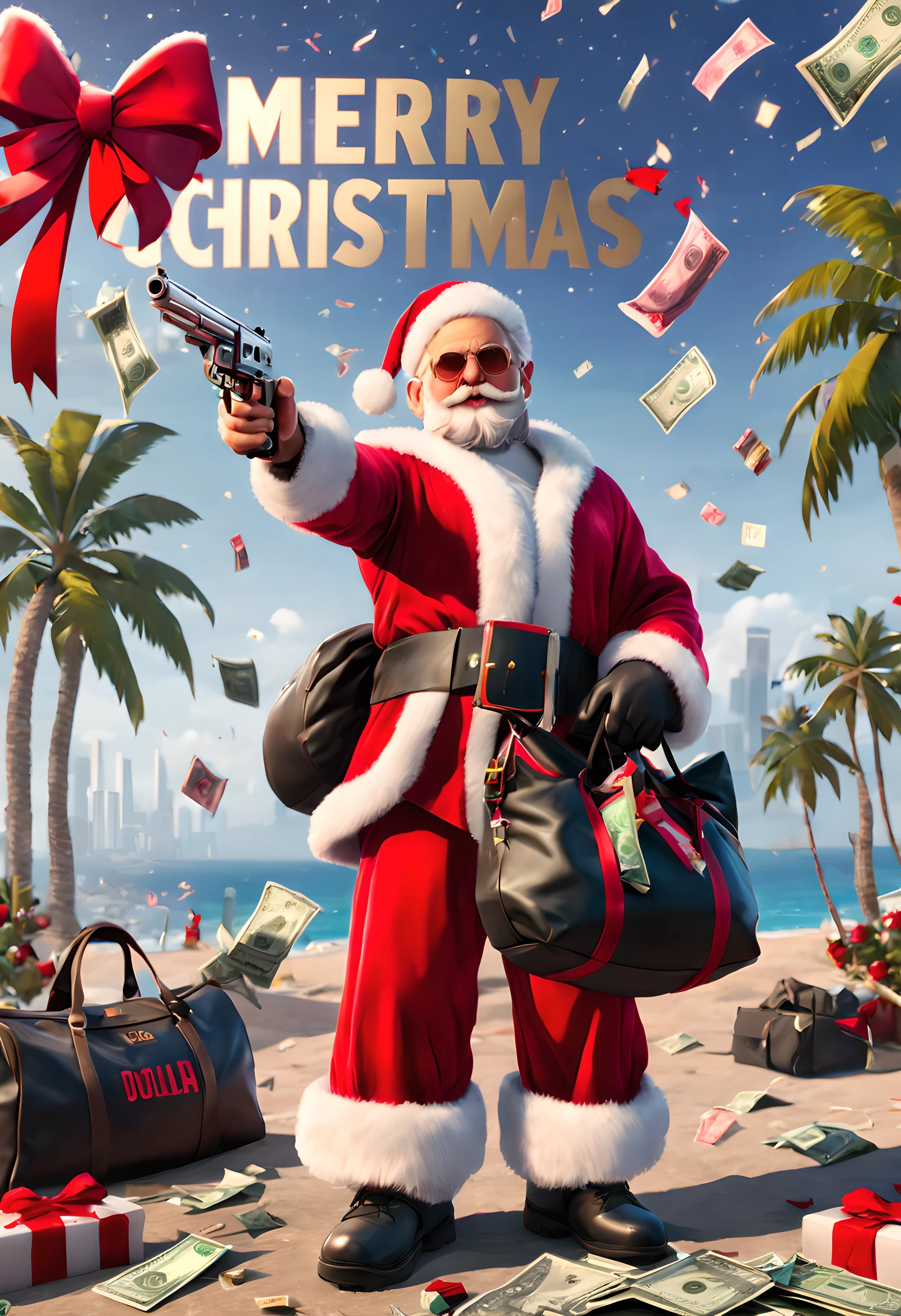 Santa Claus holding silver revolver，Money falls from the sky，banknotes, ((Dollar)), GTA style text"Merry Christmas",Grand Theft Auto screenshots,Unreal Engine5,Miami《GTA》nipple play, Black gym bag decorated with red bow，地上装满了banknotes,lar santa