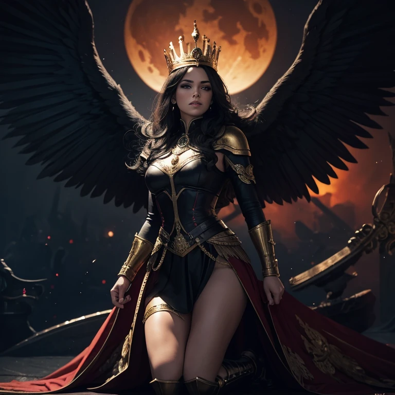 Queen Valkyrie, raven wings, large gold crown, black hair, sexy, dangerous, red moon in background, kneeling passive, dark background, Caucasian, seductive