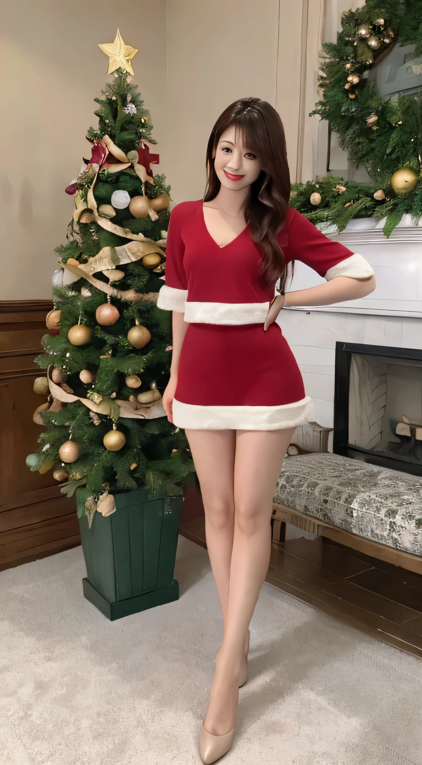 Best Quality, masutepiece, 超A high resolution, 1girl in,クリスマス美女全身超A high resolution画像,美しい顔の超A high resolution画像,Covered in cum while wearing a Santa Claus costume,Hair Ornament,Maroon hair,fully body photo, Very gigantic-breasts, Jewelry,Beautiful face,Tyndall effect,Photorealistic, Detailed image of horizontal Christmas tree,fullbody image,(High detailed skin:1.2),Smiling and looking at the camera,full body digital single lens reflex camera, in the soft and bright sunlight,High quality, Volumetric lighting, Candid, photograph, High resolution 8K, 32K, gravure model, Gravure Queen, actress, queen of porn, Sex Symbols, SEX MACHINE