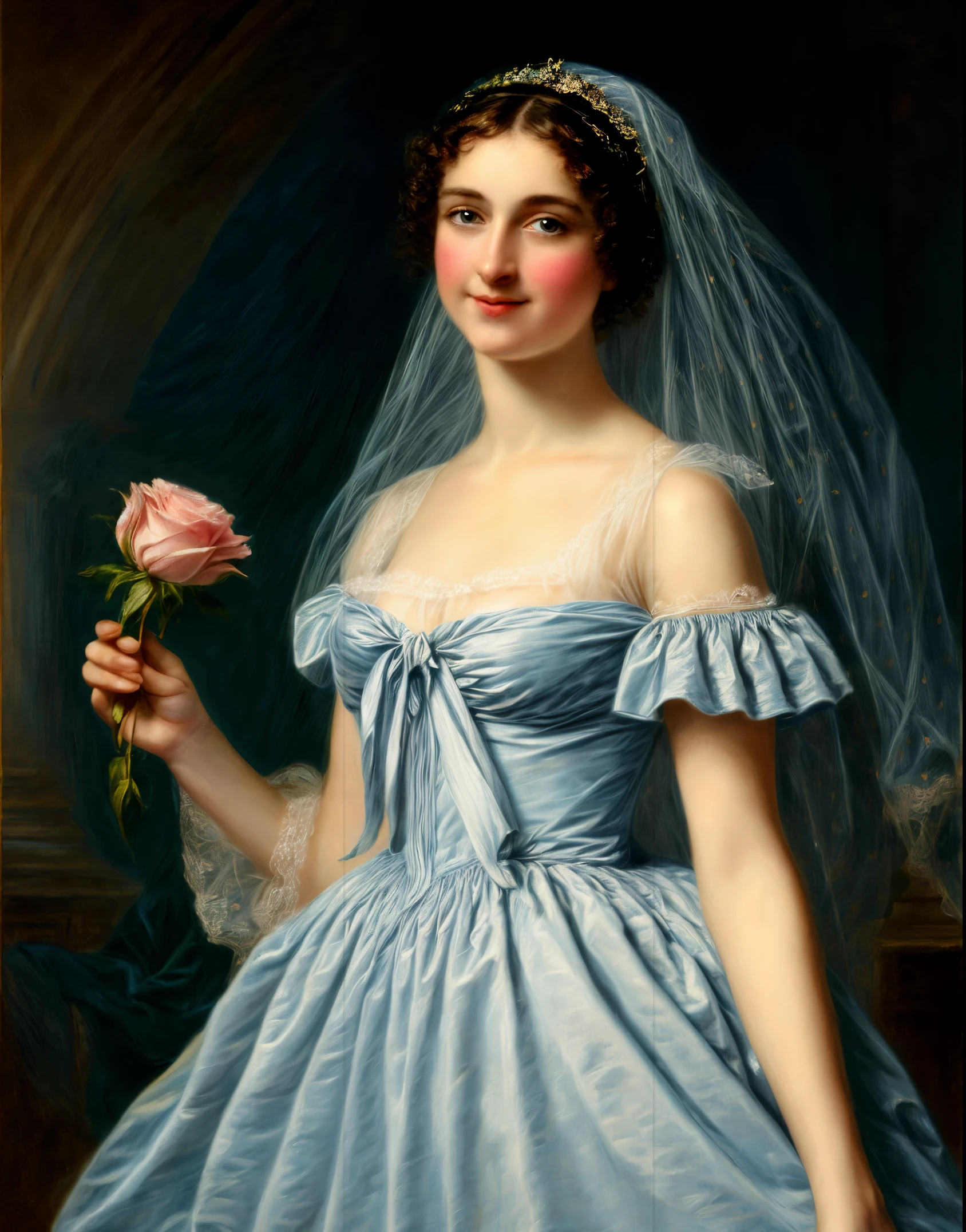 painting of a extremely gorgeous woman in a blue dress and a veil holding a rose, adelaide labille - guiard, inspired by Adélaïde Labille-Guiard, by Adélaïde Labille-Guiard, inspired by Élisabeth Vigée Le Brun, by Élisabeth Vigée Le Brun