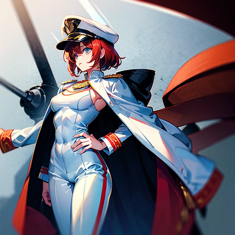 (((masterpiece)))、(((top-quality)))、((highly detailed unity 8kwall-paper))(Illustration of one woman)、30-years old、(Viceroy)、((Red-haired shorthair))、(Thin hair hanging down both sides of the face)、Blue eyes、((Tall))、((Muscle Woman、stocky build、muscular legs、broad shoulders、solid chest))、((Military uniforms))、((Military Cap))、((Military coat))、(white clothes)、(White pants)、(White cap)、trench coat、((Inside the spaceship))