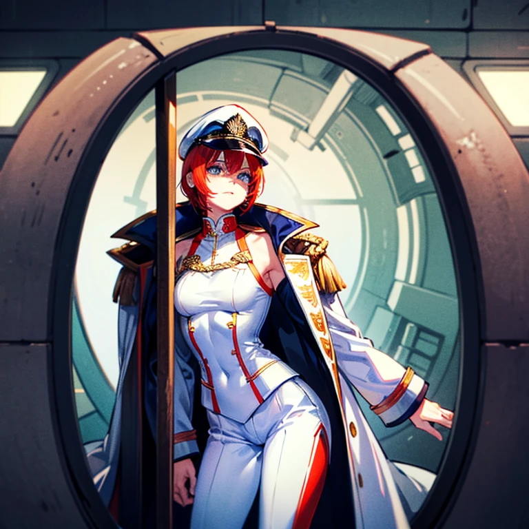 （（（​masterpiece）））、（（（top-quality）））、（（highly detailed unity 8ｋwall-paper））（Illustration of one woman）、30-years old、（Viceroy）、（（Red-haired shorthair））、（Thin hair hanging down both sides of the face）、Blue eyes、（（Tall））、（（Muscle Woman、stocky build、muscular legs、broad shoulders、solid chest））、（（Military uniforms））、（（Military Cap））、（（Military coat））、（white  clothes）、（White pants）、（White cap）、trench coat、（（Inside the spaceship））