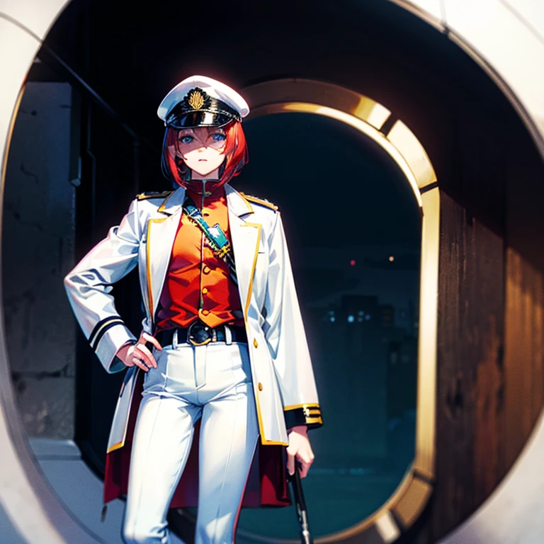 （（（​masterpiece）））、（（（top-quality）））、（（highly detailed unity 8ｋwall-paper））（Illustration of one woman）、30-years old、（Viceroy）、（（Red-haired shorthair））、（Thin hair hanging down both sides of the face）、Blue eyes、（（Tall））、（（Muscle Woman、stocky build、muscular legs、broad shoulders、solid chest））、（（Military uniforms））、（（Military Cap））、（（Military coat））、（white  clothes）、（White pants）、（White cap）、trench coat、（（Inside the spaceship））