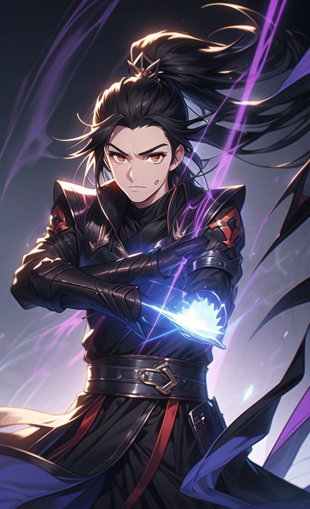 the only person，Libido boy，Long messy black hair , Orange eyes , black martial arts uniform , Fighting posture，purple aura，lightning effects，Snowy background , Snowy wasteland background, Martial arts costumes , 1male people , Complicated details , perfect generation , male people , musculous , poncho，red magic vortex，