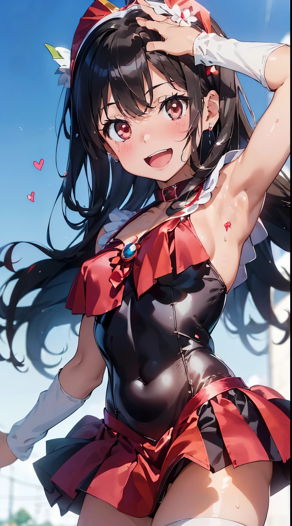 1womanl,Black hair,**years ,(()),Beautiful breasts,(((Sexy magical girl white and red shiny simple bodysuit and micro skirt)))((Mansuji))(((Blushing cheeks、Smile with open mouth)),(((Satin Narico))),((( portlate))),we have blue eyelashes)))(Wet with sweat)Street,Crowds(magical girl hair ornament)