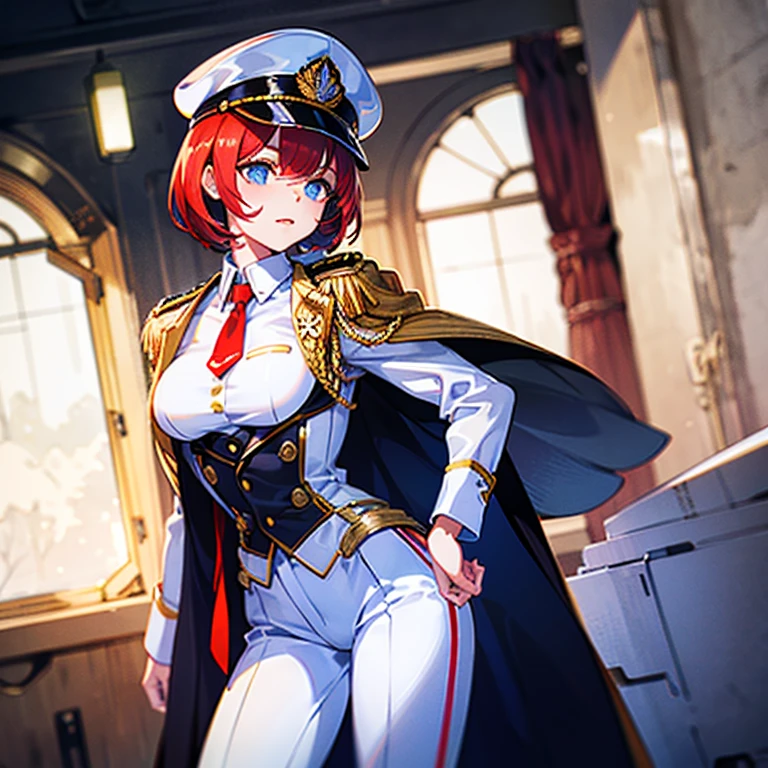 （（（​masterpiece）））、（（（top-quality）））、（（highly detailed unity 8ｋwall-paper））（Illustration of one woman）、30-years old、（Viceroy）、（（Red-haired shorthair））、（Thin hair hanging down both sides of the face）、Blue eyes、（（Tall））、（（Muscle Woman、stocky build、muscular legs、broad shoulders、solid chest））、（（Military uniforms））、（（Military Cap））、（（Military coat））、（white  clothes）、（White pants）、（White cap）、trench coat、（（Inside the spaceship））
