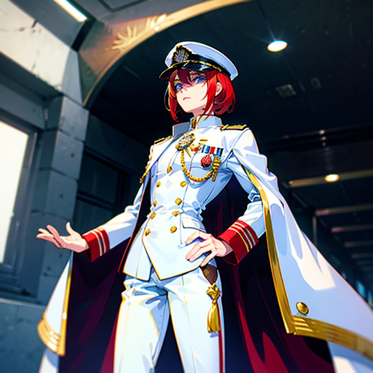（（（​masterpiece）））、（（（top-quality）））、（（highly detailed unity 8ｋwall-paper））（Illustration of one woman）、30-years old、（Viceroy）、（（Red-haired shorthair））、（Thin hair hanging down both sides of the face）、Blue eyes、（（Tall））、（（Muscle Woman、stocky build、muscular legs、broad shoulders、solid chest））、（（Military uniforms））、（（Military Cap））、（（Military coat））、（white  clothes）、（White pants）、（White cap）、trench coat、（（Inside the spaceship））