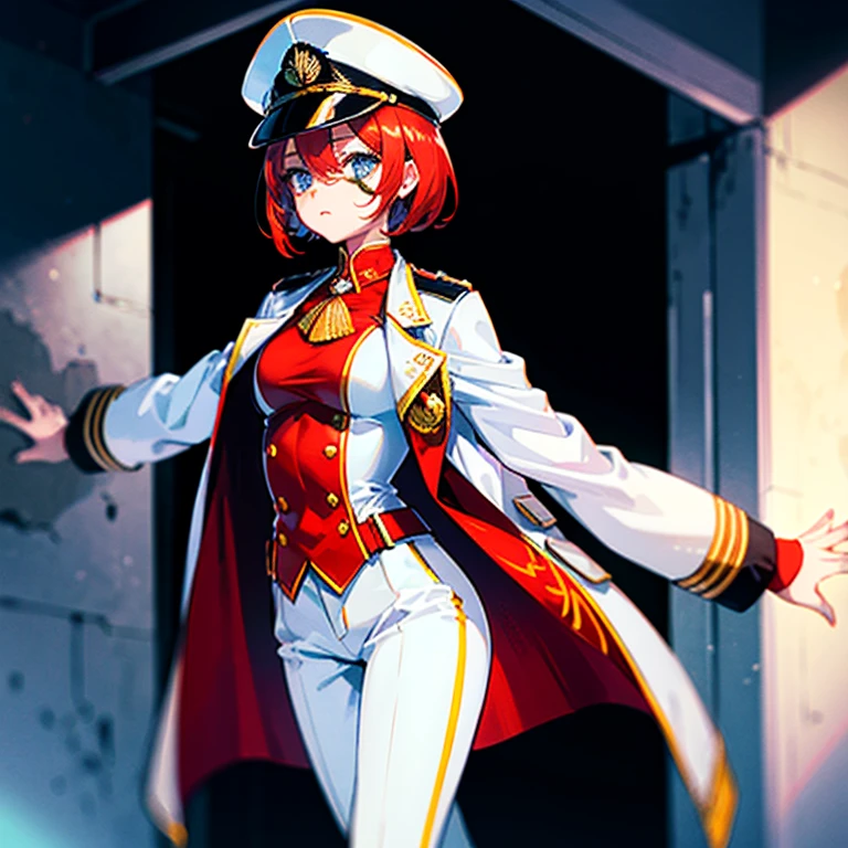 (((masterpiece)))、(((top-quality)))、((highly detailed unity 8kwall-paper))(Illustration of one woman)、30-years old、(Viceroy)、((Red-haired shorthair))、(Thin hair hanging down both sides of the face)、Blue eyes、((Tall))、((Muscle Woman、stocky build、muscular legs、broad shoulders、solid chest))、((Military uniforms))、((Military Cap))、((Military coat))、(white clothes)、(White pants)、(White cap)、trench coat、((Inside the spaceship))