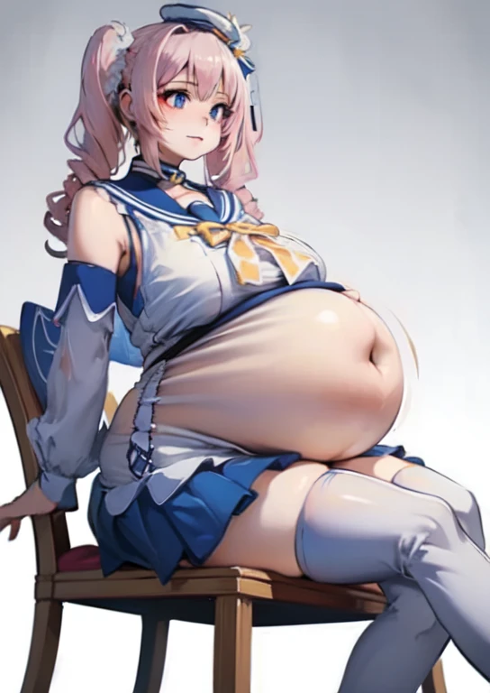 (masterpiece, best quality), 1girls, big belly, blurry background, huge belly, art by kipteitei, round belly, chubby, curvy, white on-up shirt, skirt, thighhighs, simple_background, gradient_background, belly bursting out of shirt, belly grab, enormous belly, fat belly, thicc, bigger belly, sitting on chair, really big belly, jiggly belly, shirt covering belly, belly cover by shirt