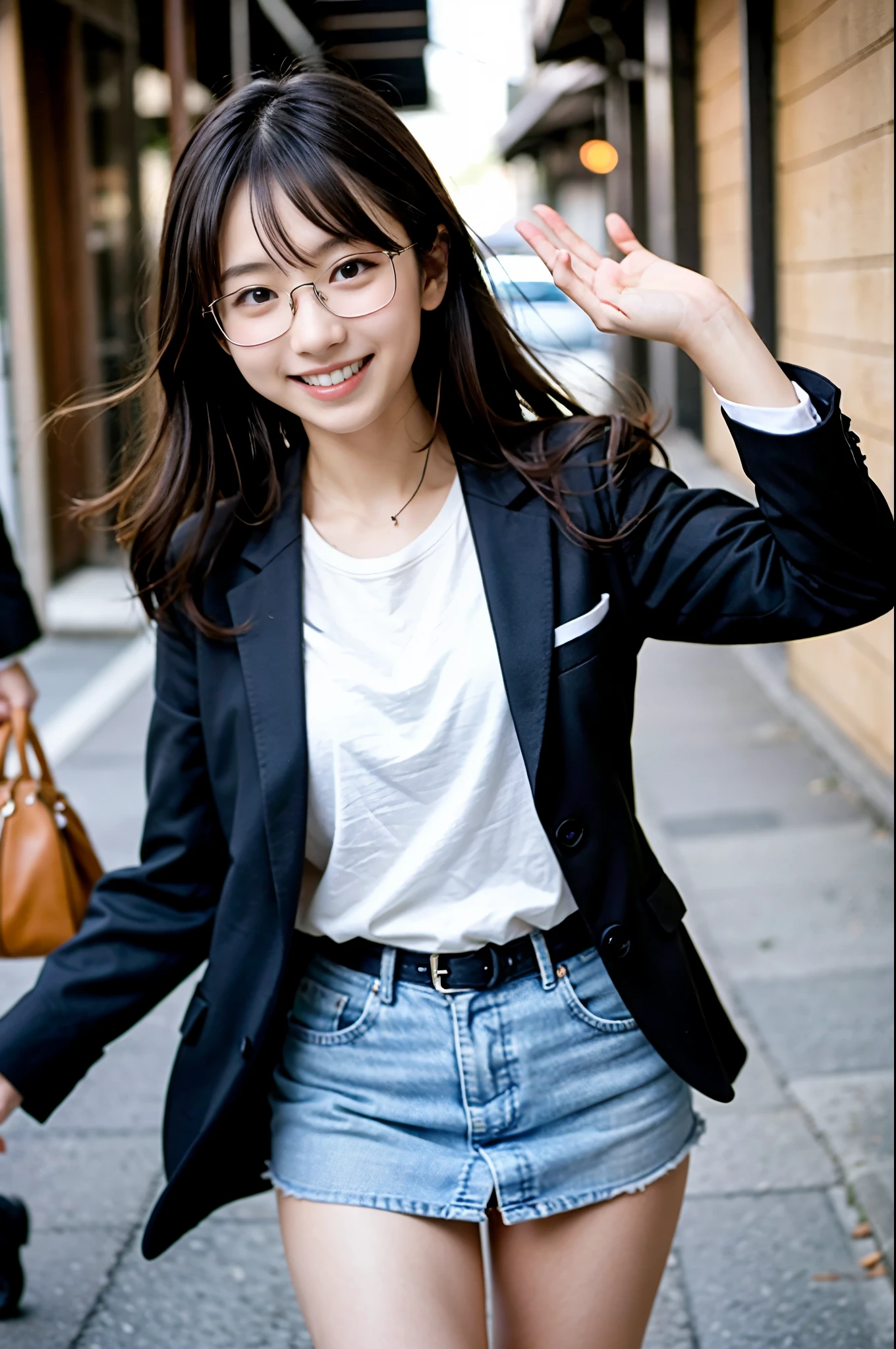 8K、Top image quality、​masterpiece、夏天、Japan high school girl meets friends on her way to school。She smiled、Black-rimmed square glasses、blazers、a miniskirt、lowfers