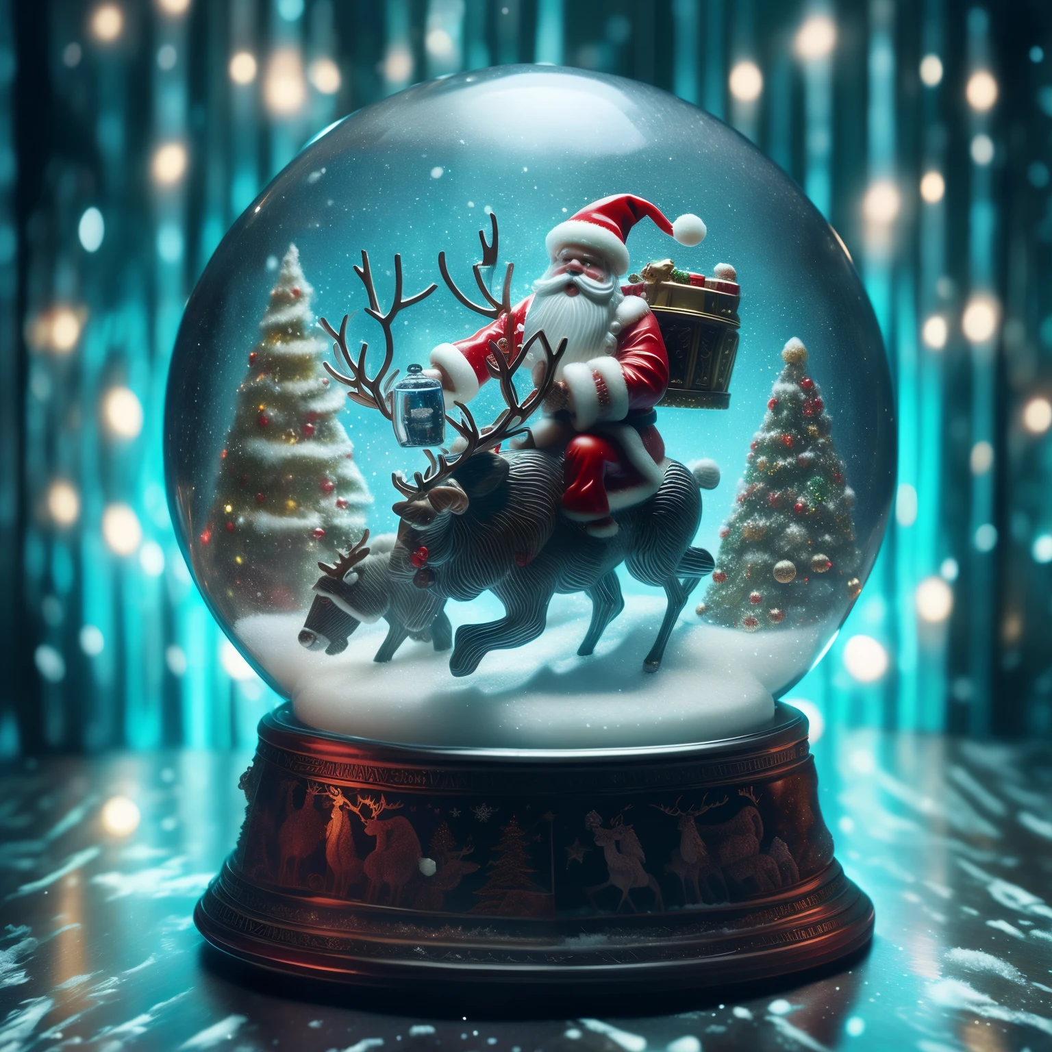 a close up of a snow globe with a santa claus riding a reindeer, snowglobe, snow globe, inside a snow globe, santa claus, holiday season, santa, santa clause, 🕹️ 😎 🔫 🤖 🚬, a hyper realistic, detailed scene, best on adobe stock, crystal ball, magical scene, inspired by Rudolph F. Ingerle, incredibly realistic