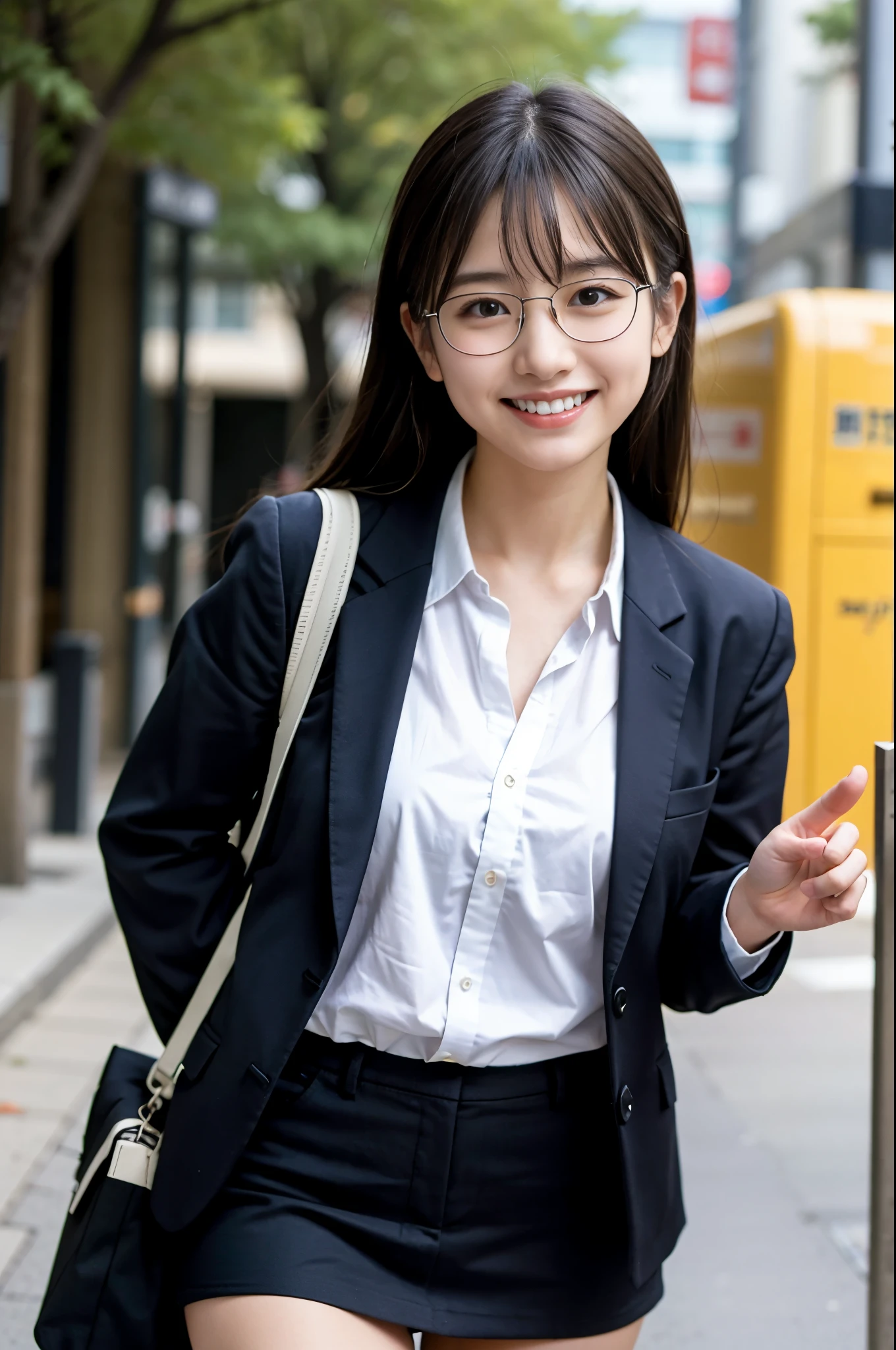 8K、Top image quality、​masterpiece、夏天、Japan high school girl meets friends on her way to school。She smiled、Black-rimmed square glasses、blazers、a miniskirt、lowfers