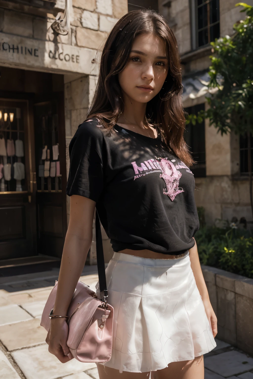 (Realisticity: 1.3), normal, Quality, Rembrandt Lighting, (Masterpiece: 1.2), (Realisticity: 1.2), (Best Quality), (Skin Details: 1.3), (Intricate Detail), Dramatic, Idyllic, Ray Tracing, 1girl, amarican Girl, Long Black and light brown Hair, 24 years old, clothes ( pink t-shirt and white skirt with lather black bag)